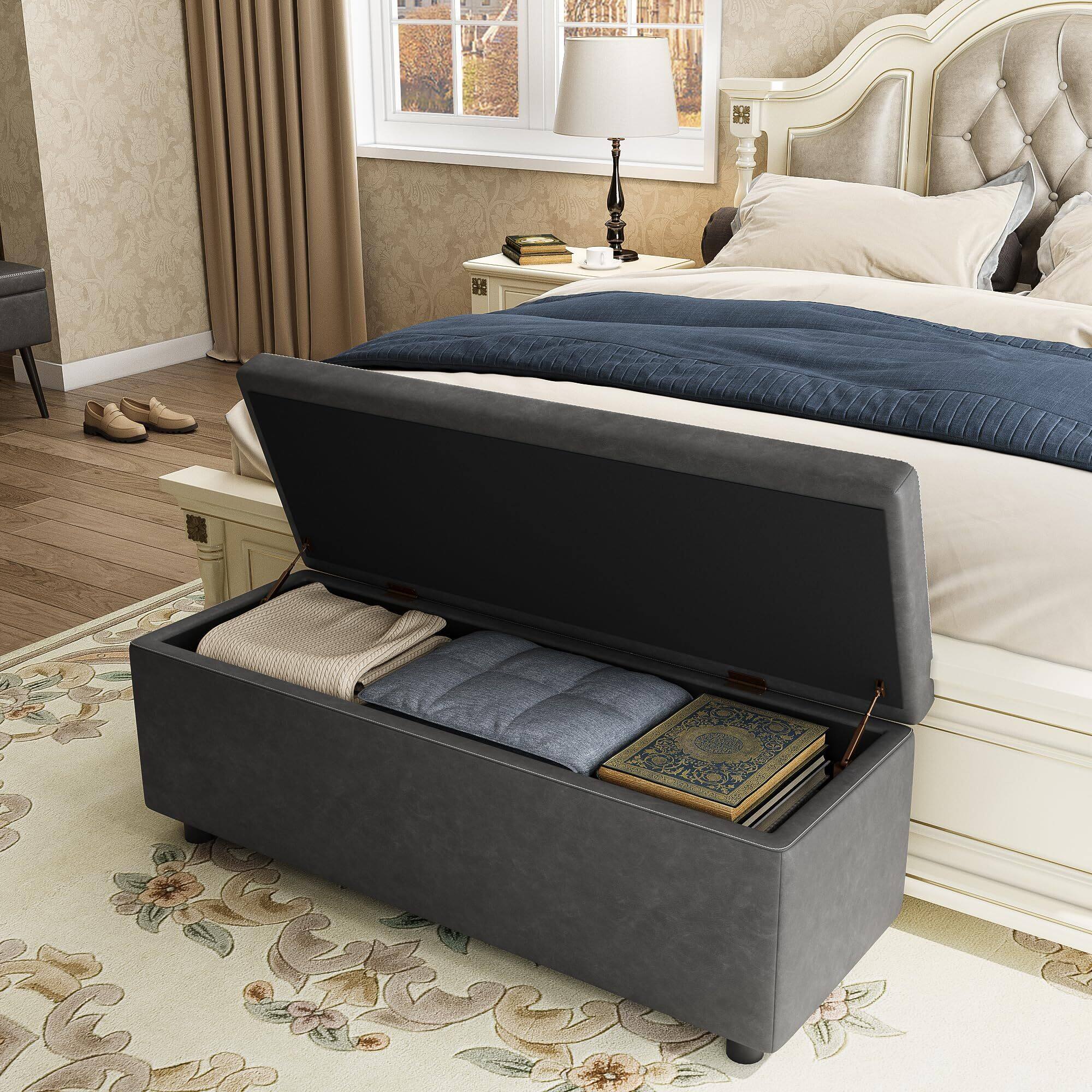 Alt View 3. Acekool - Storage Ottoman Bench, Ottoman Foot Rest, Mid-Century Modern, Synthetic Leather with Stitching, - Grey.