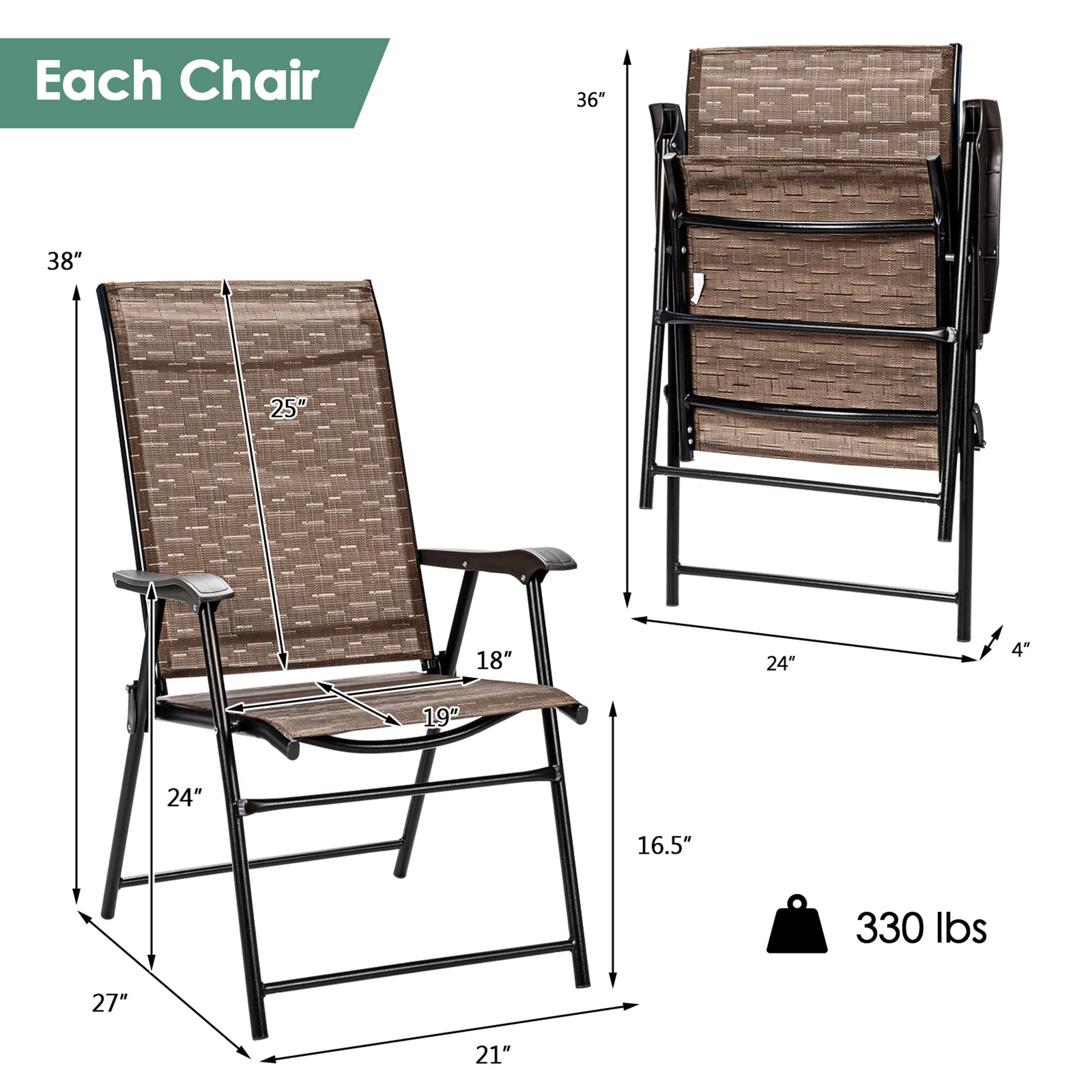 Each Chair

- Height: 36"
- Width: 25"
- Depth: 27"
- Seat Height: 18"
- Seat Width: 19"
- Armrest Height: 24"
- Back Height: 38"
- Seat Depth: 24"
- Leg Width: 21"
- Weight Capacity: 330 lbs