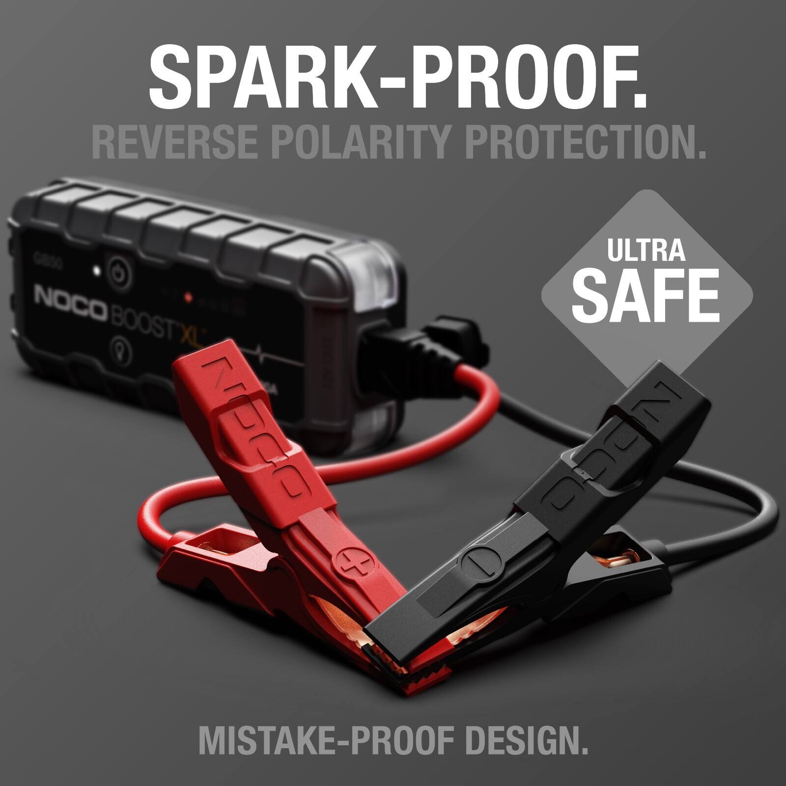 SPARK-PROOF.  
REVERSE POLARITY PROTECTION.  
G850 NOCO BOOSTXL  
ULTRA SAFE  
MISTAKE-PROOF DESIGN.
