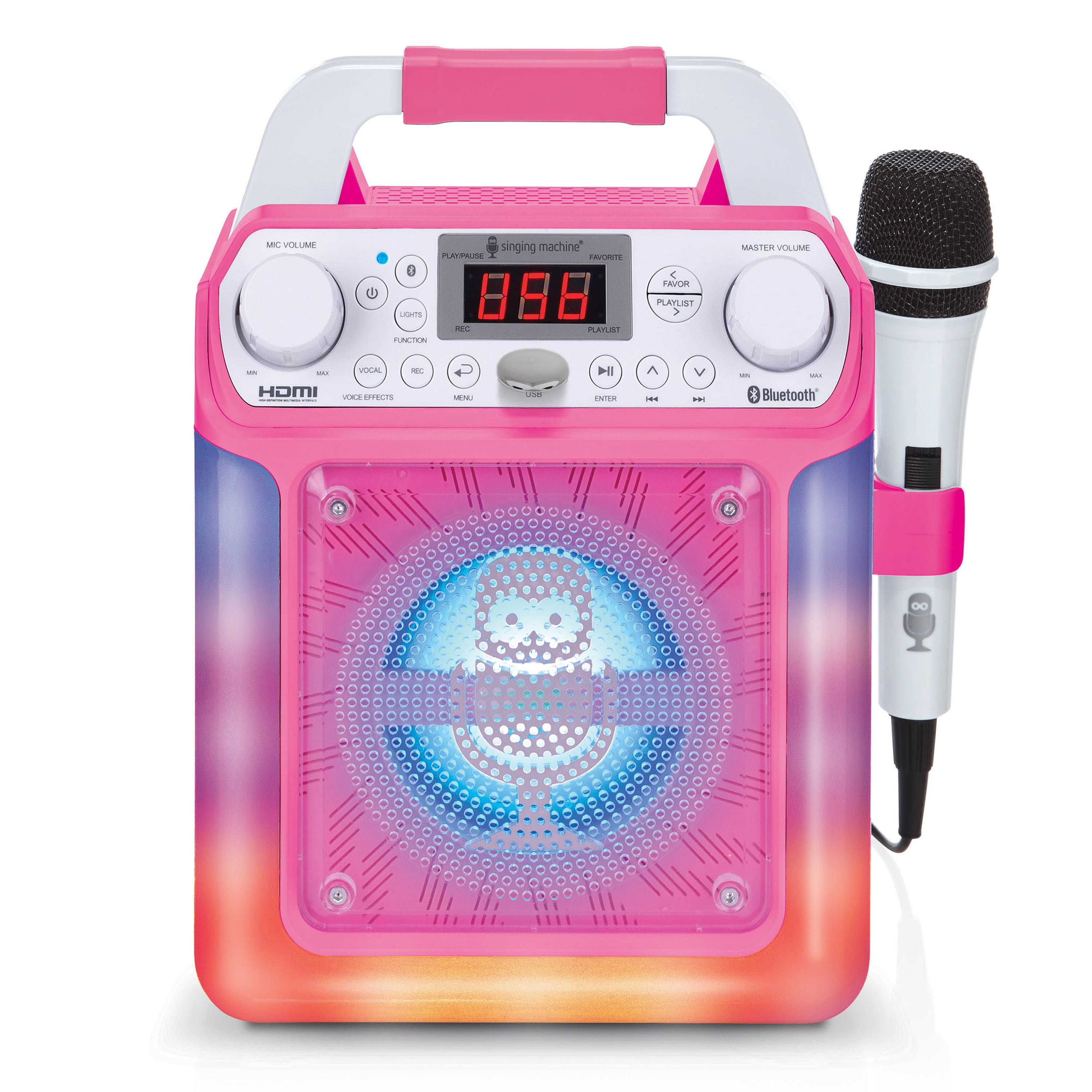 The image features a pink and purple boombox with a speaker on the front. The boombox has a clock on it, and it is connected to a microphone. The boombox also has a speaker on the back, and it is designed for Bluetooth use.