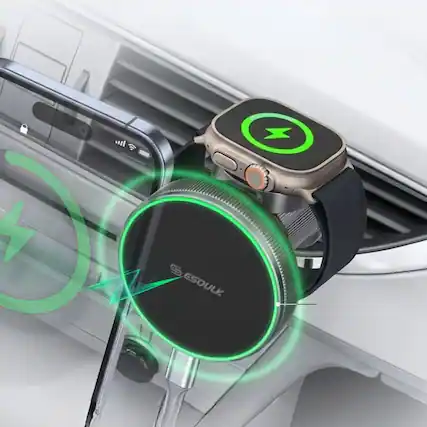 Front. Esoulk - 2-in-1 Wireless Charger for iPhone 12-17 Series, Apple Watch, Smart Watch Compact Charging Mount - Black.