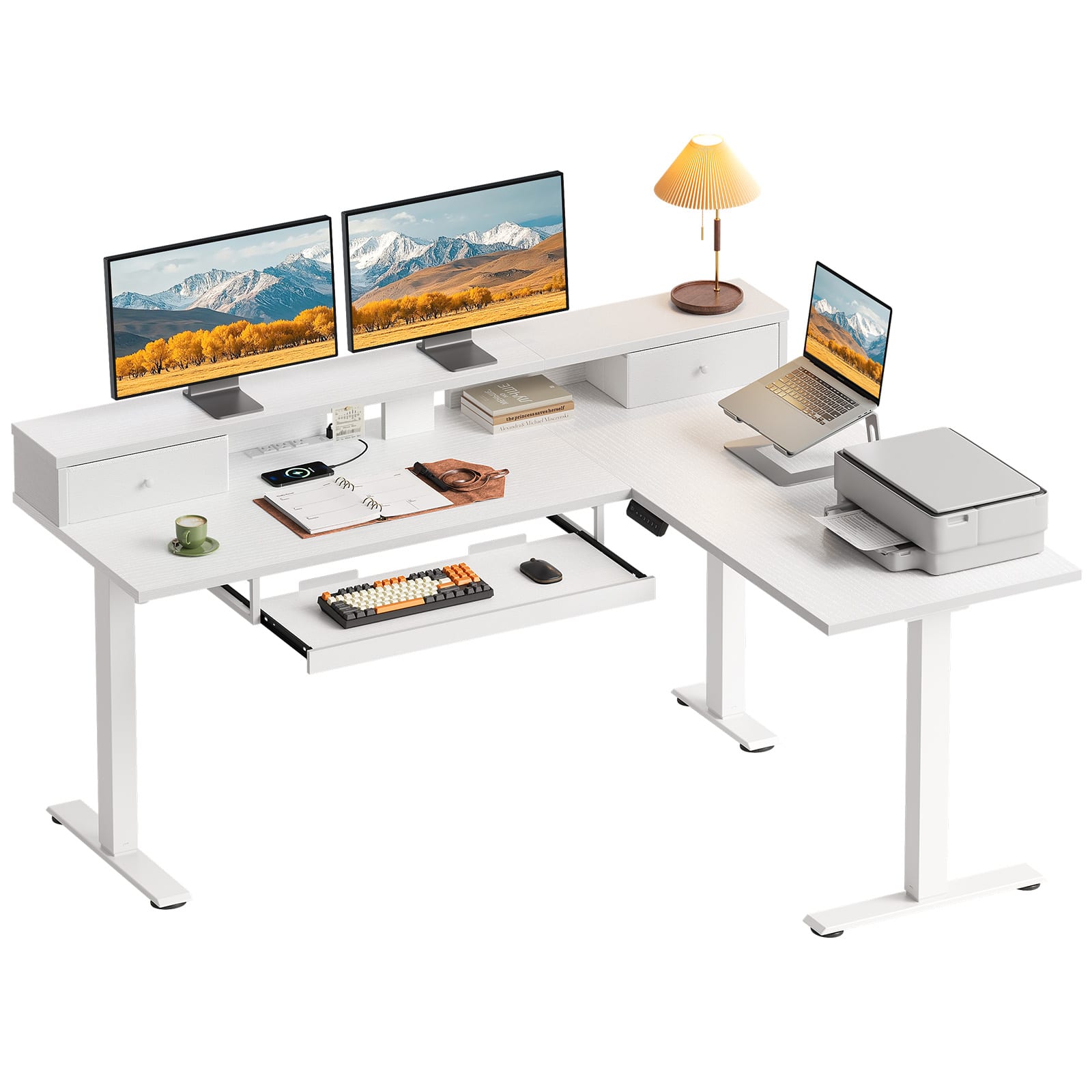 AODK - 59" L-Shaped Electric Height-Adjustable Standing Desk with Drawers, Power Outlets, Keyboard Tray and Monitor Stand - White