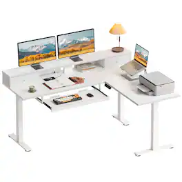 AODK - 59" L-Shaped Electric Height-Adjustable Standing Desk with Drawers, Power Outlets, Keyboard Tray and Monitor Stand - White