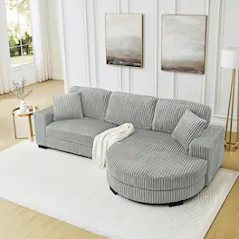 Whisen - Corduroy Tufted Upholstered Sleeper Sectional Sofa with arc-shaped footstool for Living Room - Gray