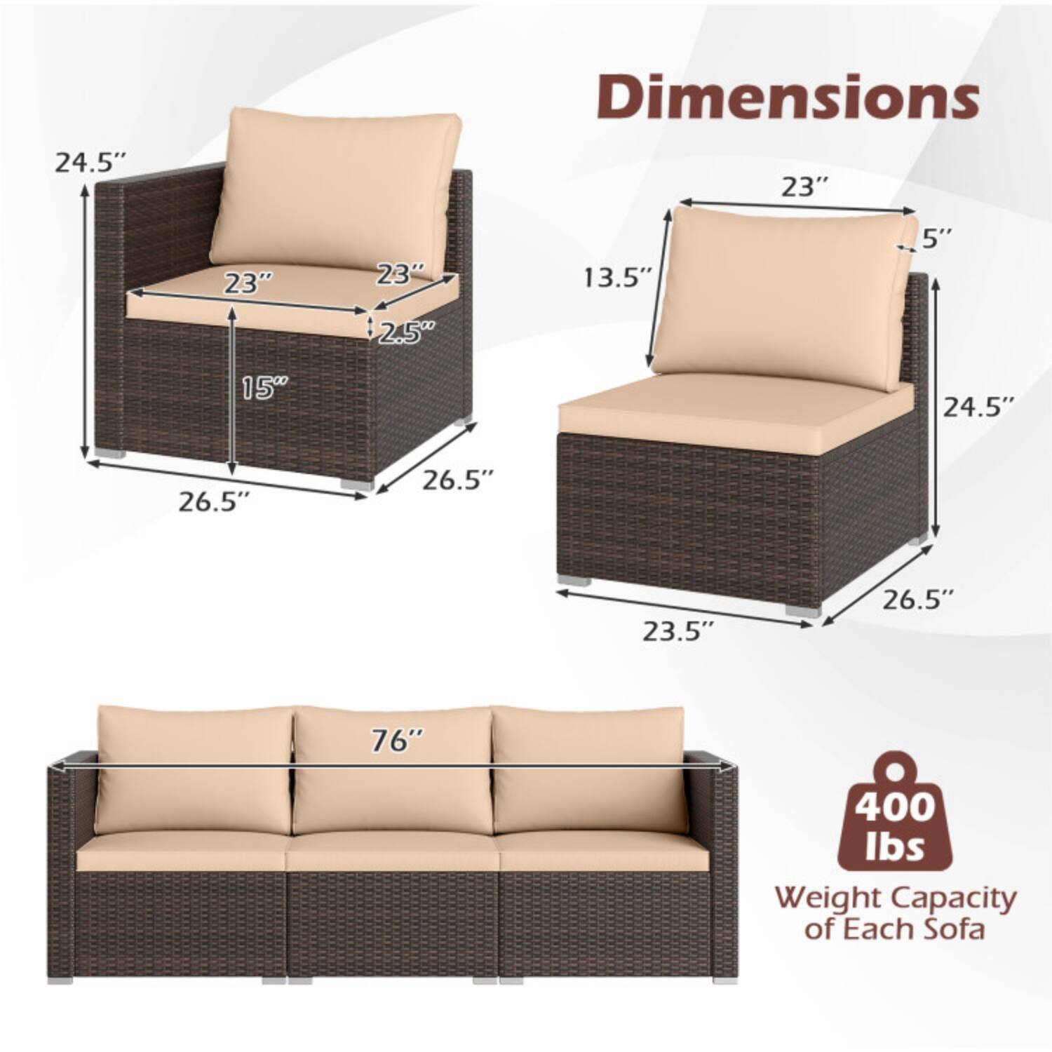 Dimensions:
- 24.5" (height)
- 23" (width)
- 23" (depth)
- 13.5" (height of backrest)
- 5" (height of seat cushion)
- 2.5" (thickness of seat cushion)
- 15" (depth of seat)
- 26.5" (width of armrest)
- 26.5" (depth of armrest)
- 23.5" (depth of base)
- 76" (length of sofa)

Weight Capacity of Each Sofa: 400 lbs