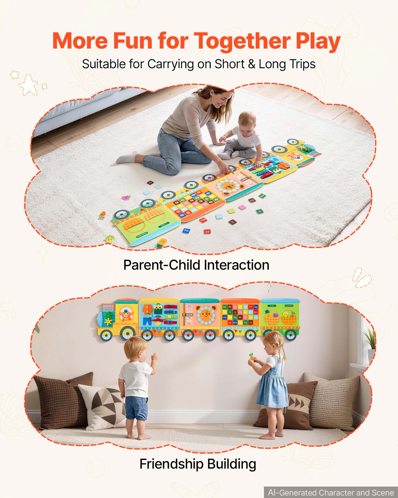 More Fun for Together Play  
Suitable for Carrying on Short & Long Trips  

Parent-Child Interaction  

Friendship Building  

AI-Generated Character and Scene