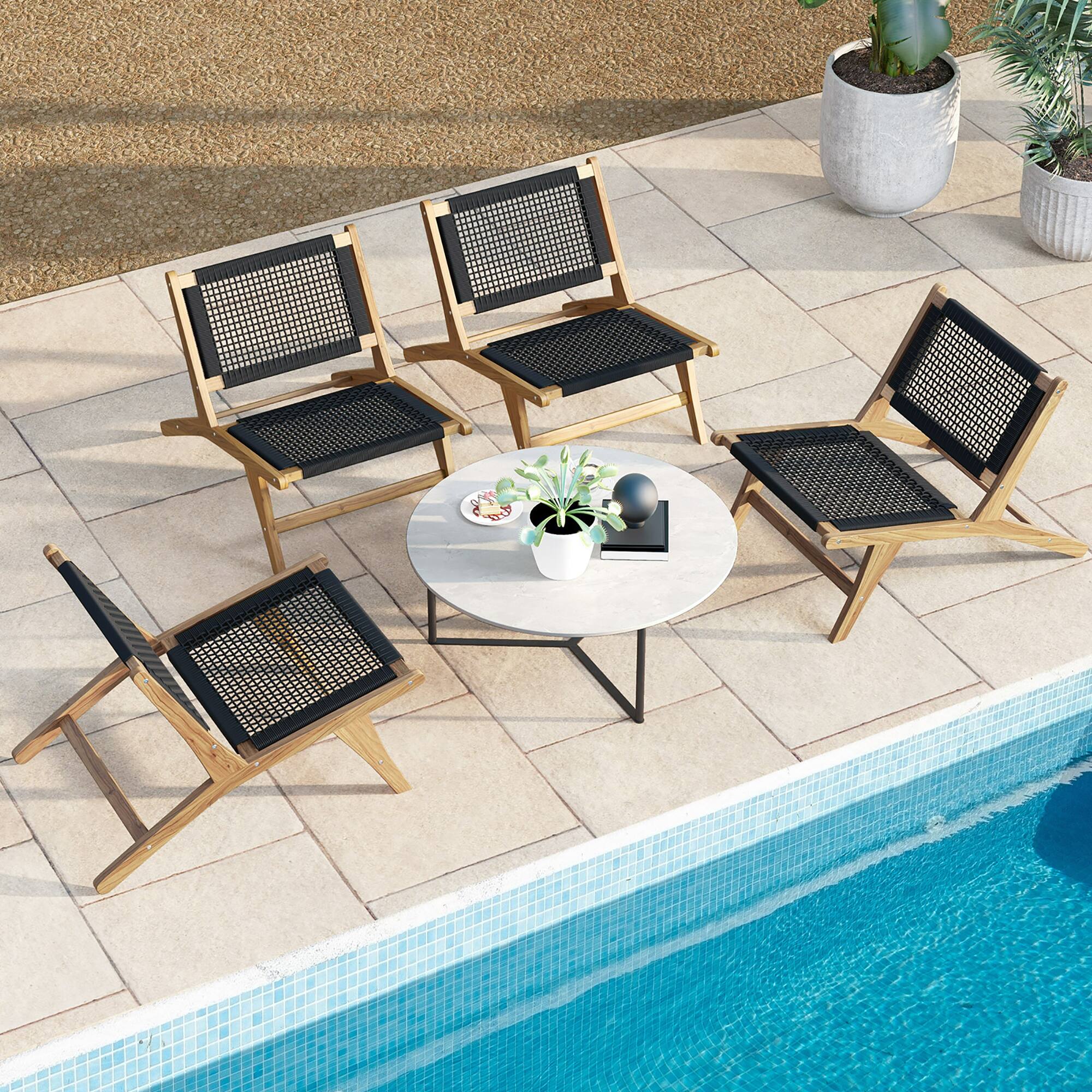 Alt View 5. Gymax - Gymax 2PCS Mid Century Modern Teak Wooden w/Handwoven Cordage Seat Backrest for Patio - Natural, Black.