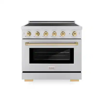 Front. ZLINE - Autograph 36 in. 5.2 cu. ft. Paramount Freestanding Induction Range with 5 Burners and Electric Oven w/ Gold Accents - Stainless Steel.