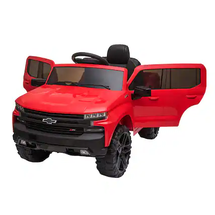 Front. Qeetex - Licensed Chevrolet Silverado 12V Electric Ride-on Car Truck w/Parent Remote Control, Bluetooth Speaker - Red.
