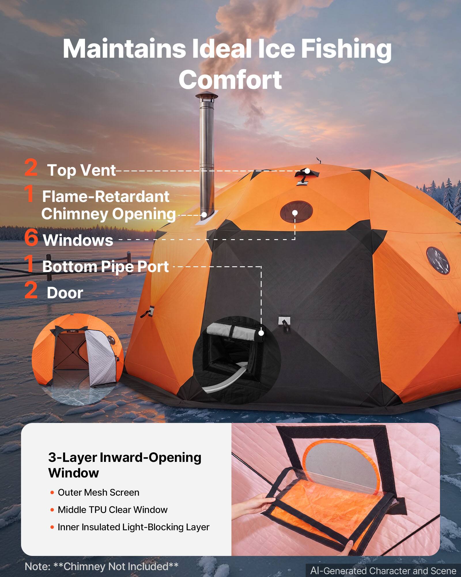 Maintains Ideal Ice Fishing Comfort

- 2 Top Vent
- 1 Flame-Retardant Chimney Opening
- 6 Windows
- 1 Bottom Pipe Port
- 2 Door

3-Layer Inward-Opening Window
- Outer Mesh Screen
- Middle TPU Clear Window
- Inner Insulated Light-Blocking Layer

Note: **Chimney Not Included**

AI-Generated Character and Scene