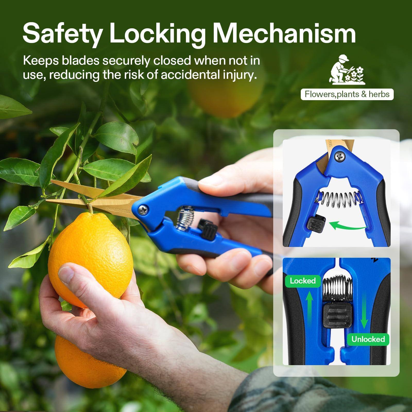 Safety Locking Mechanism

Keeps blades securely closed when not in use, reducing the risk of accidental injury.

Flowers, plants & herbs

Locked

Unlocked