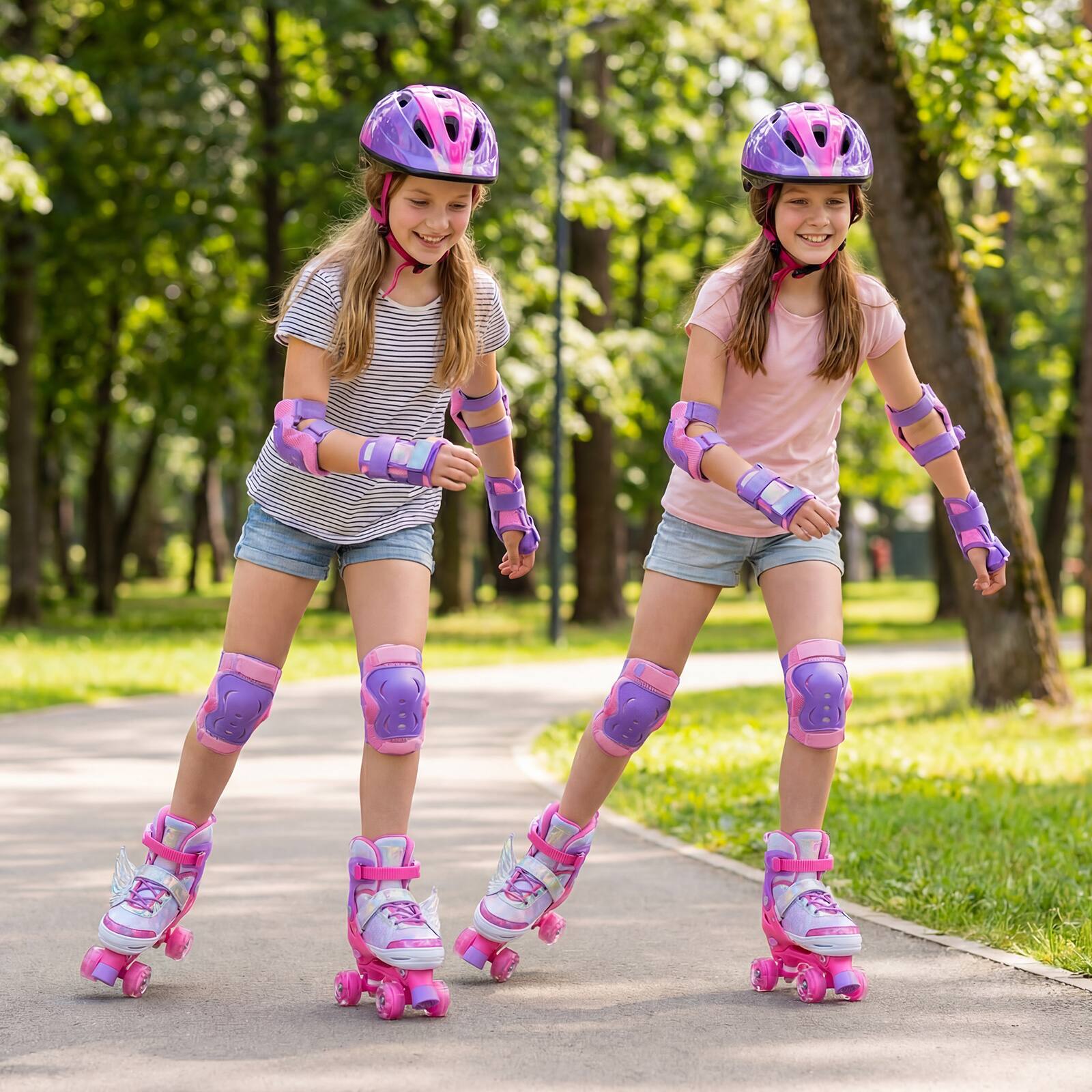 Alt View 3. Costway - Costway Kids Roller Skates 4 Sizes Adjustable Quad Skates with Light Wheels for Ages 9-14 - Pink.
