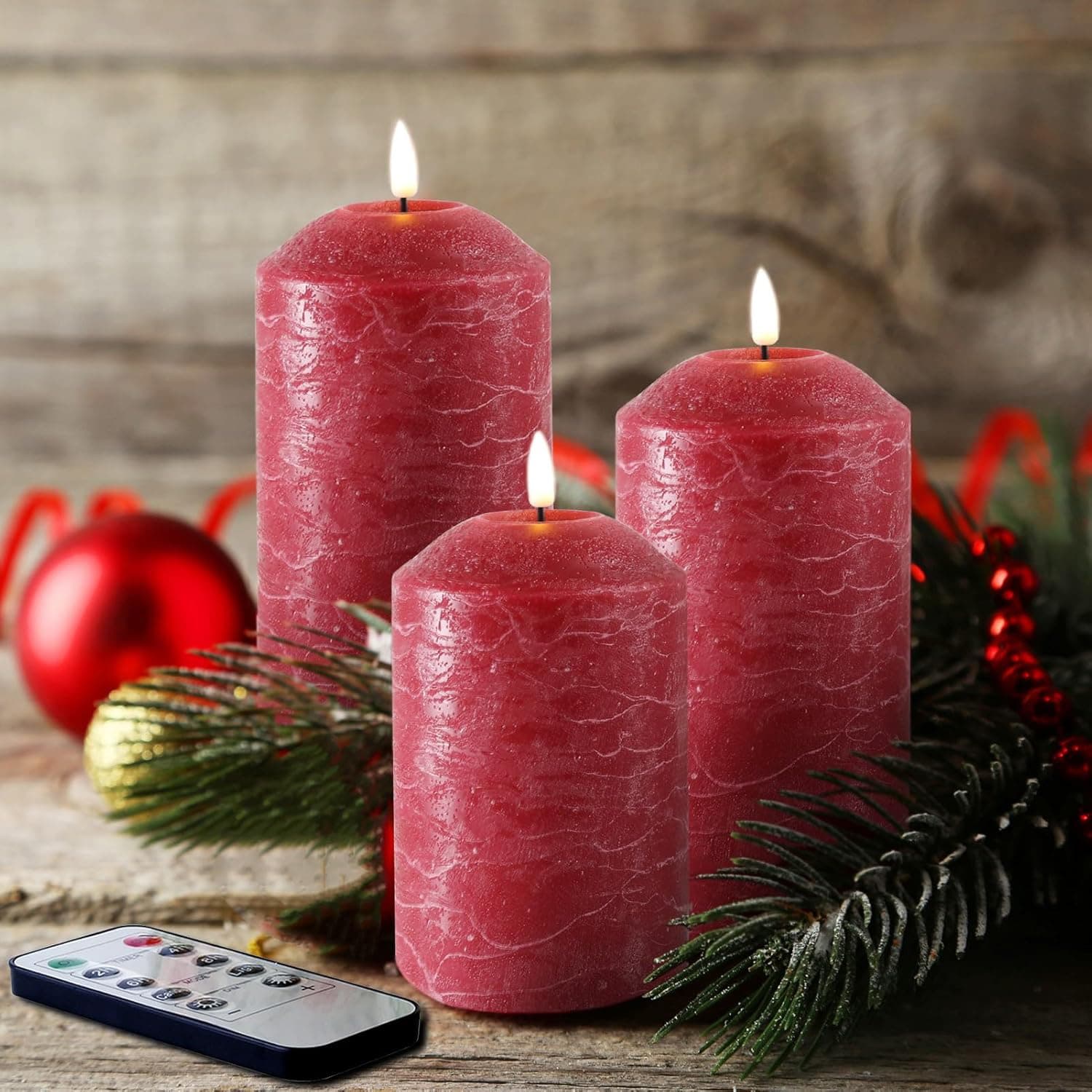 Alt View 2. FINEAK - 3 Pack Red Flameless Pillar Candles with Remote:Real Wax, Flickering LED, Battery-Operated, for Christmas Decor - Red.