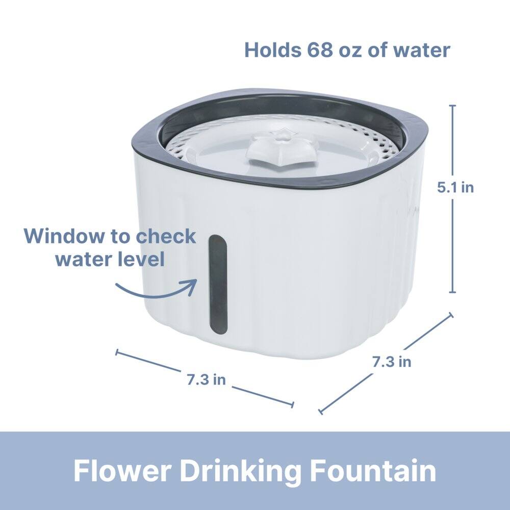 Holds 68 oz of water  
Window to check water level  
5.1 in  
7.3 in  
7.3 in  
Flower Drinking Fountain