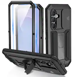 Dteck - For Samsung Galaxy S26 Kickstand Shockproof Rugged Full Body Case Built-in Screen Protector+Sliding Lens Cover - Black