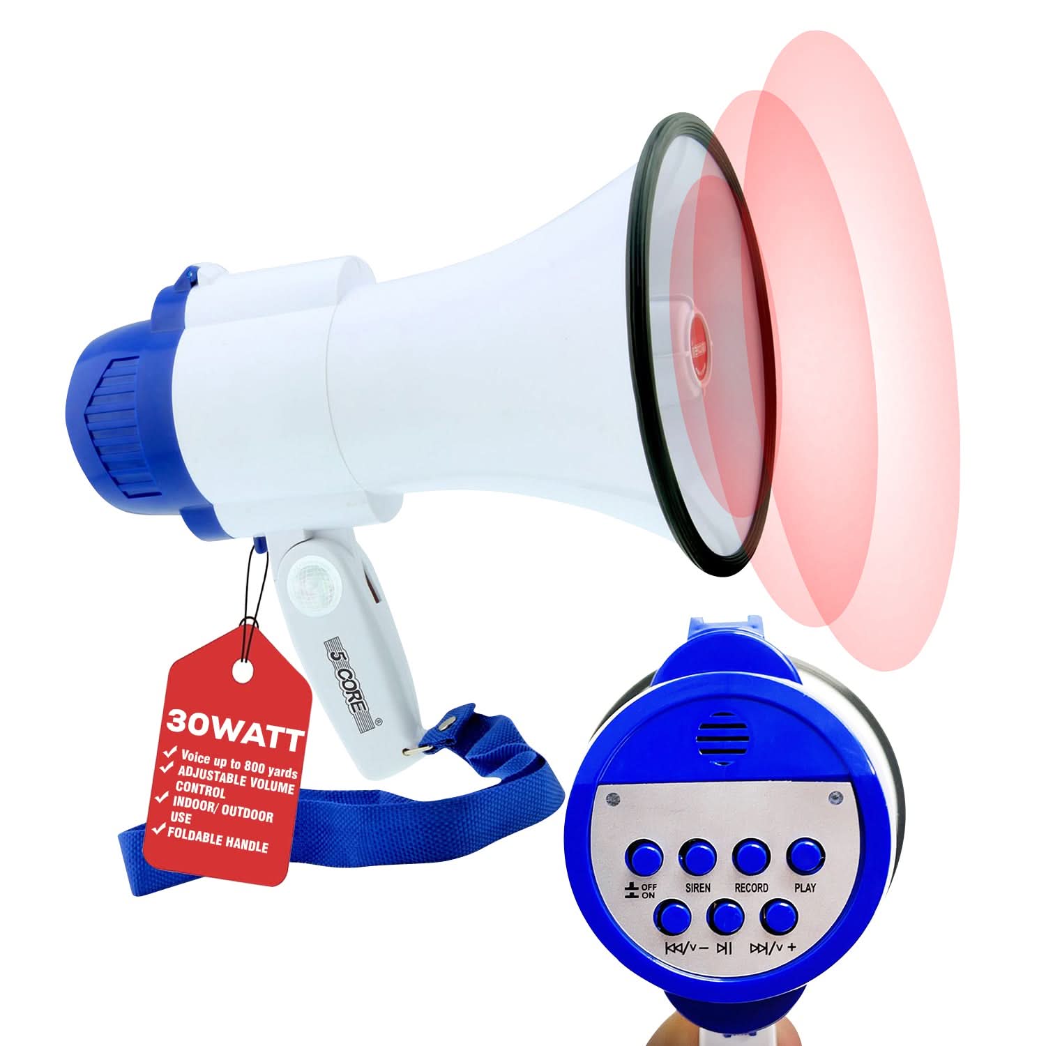 5 CORE - Megaphone 30W Bull Horn PA Speaker w 800 Yards Range Loud Siren Voice Amplifier Portable - White