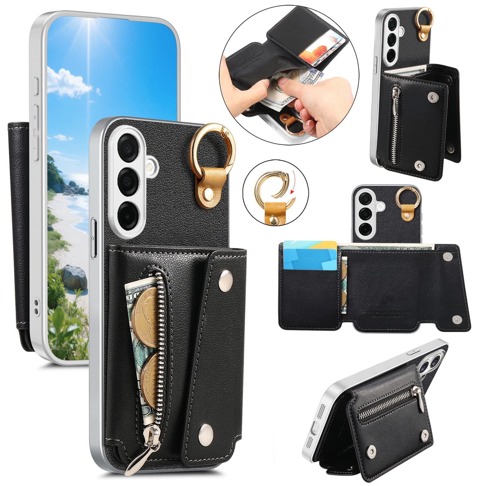 Dteck - PU Leather Zipper Wallet Phone Case for Samsung Galaxy A37 5G with Ring Buckle, Shockproof Kickstand Protective Cover - Black price history on PriceWatchPro