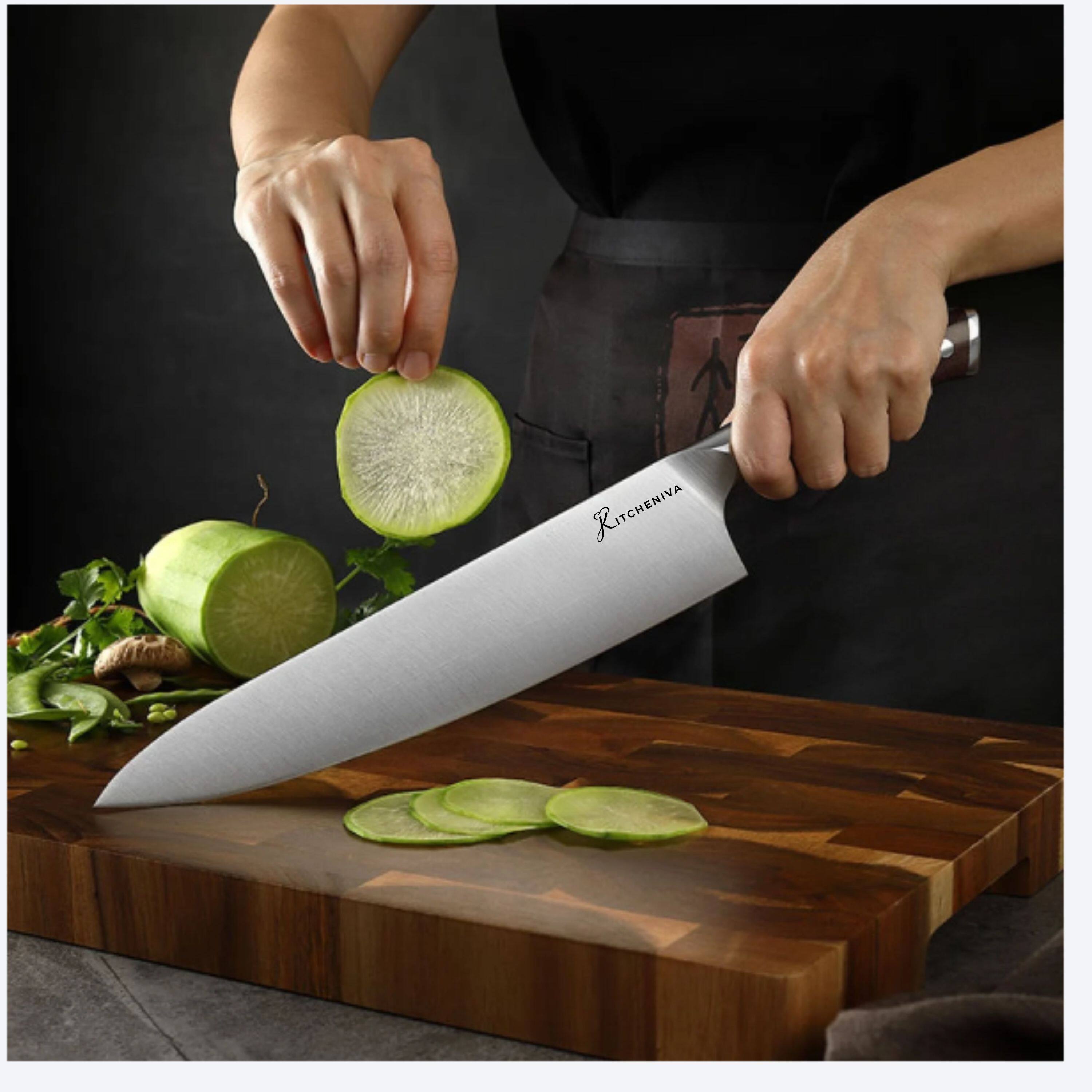 Left. Kitcheniva - 10" German Stainless Steel Chefs Knife with Ebony Wood Handle.