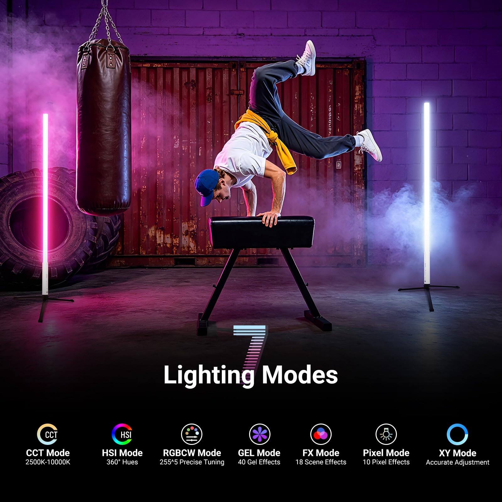 walgures

Lighting Modes

CCT Mode 2500K-10000K  
HSI Mode 360° Hues  
RGBCW Mode 255^5 Precise Tuning  
GEL Mode 40 Gel Effects  
FX Mode 18 Scene Effects  
Pixel Mode 10 Pixel Effects  
XY Mode Accurate Adjustment