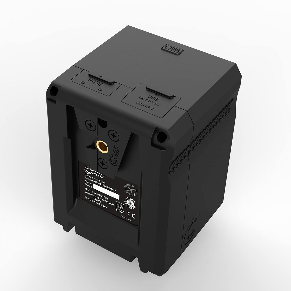 P-TAP DC DCOUT USB USB-CPD 5V X + + SUGARS CORE www.corepwx.com  
Datein Service DI Li-lon Battery TROXICANA Model A  
Capacity: Max NANO-V150X 14.8V, sox COMPURE MaxLood: 1 150Wh AOT 10200mAh BOYCLE 14V 100 S .000 EAS Li-lon CE