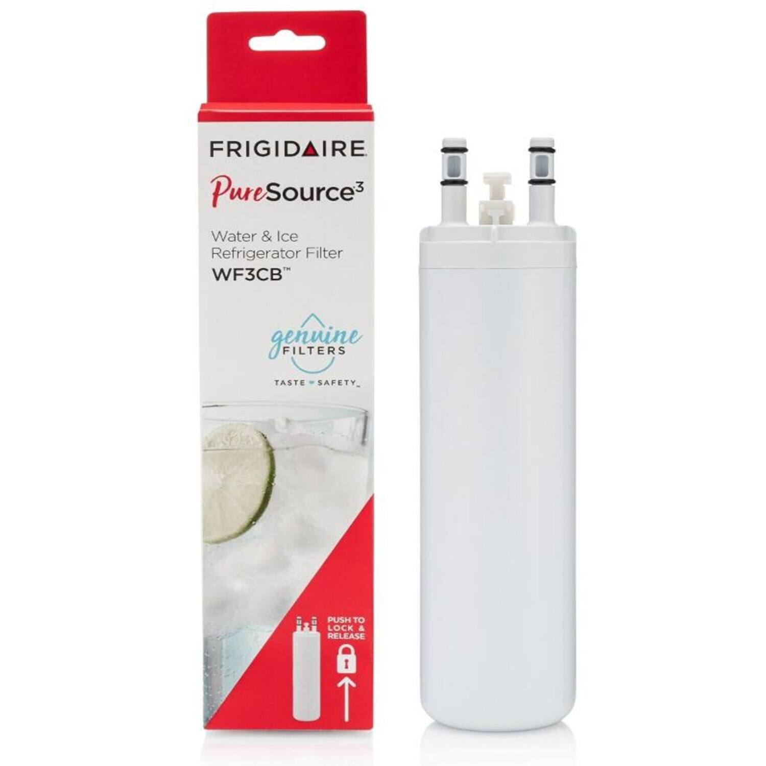 FRIGIDAIRE  
PureSource³  
Water & Ice Refrigerator Filter  
WF3CB™  
genuine FILTERS  
TASTE + SAFETY.  
PUSH TO LOCK & RELEASE