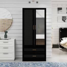 Hivvago - Wardrobe Armoire Cabinet with Mirror Hanging Rod and Storage Drawers - Black