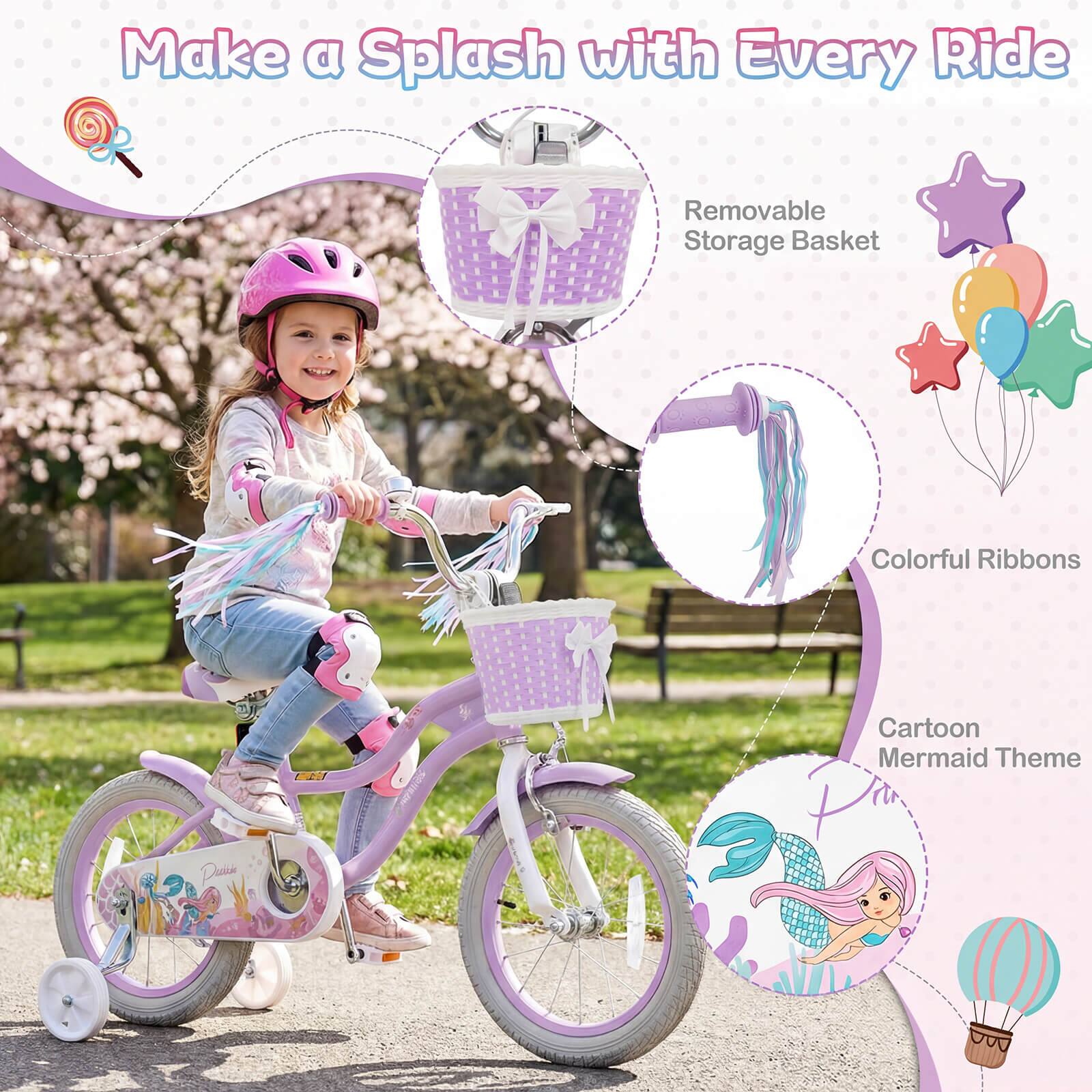Make a Splash with Every Ride

- Removable Storage Basket
- Colorful Ribbons
- Cartoon Mermaid Theme