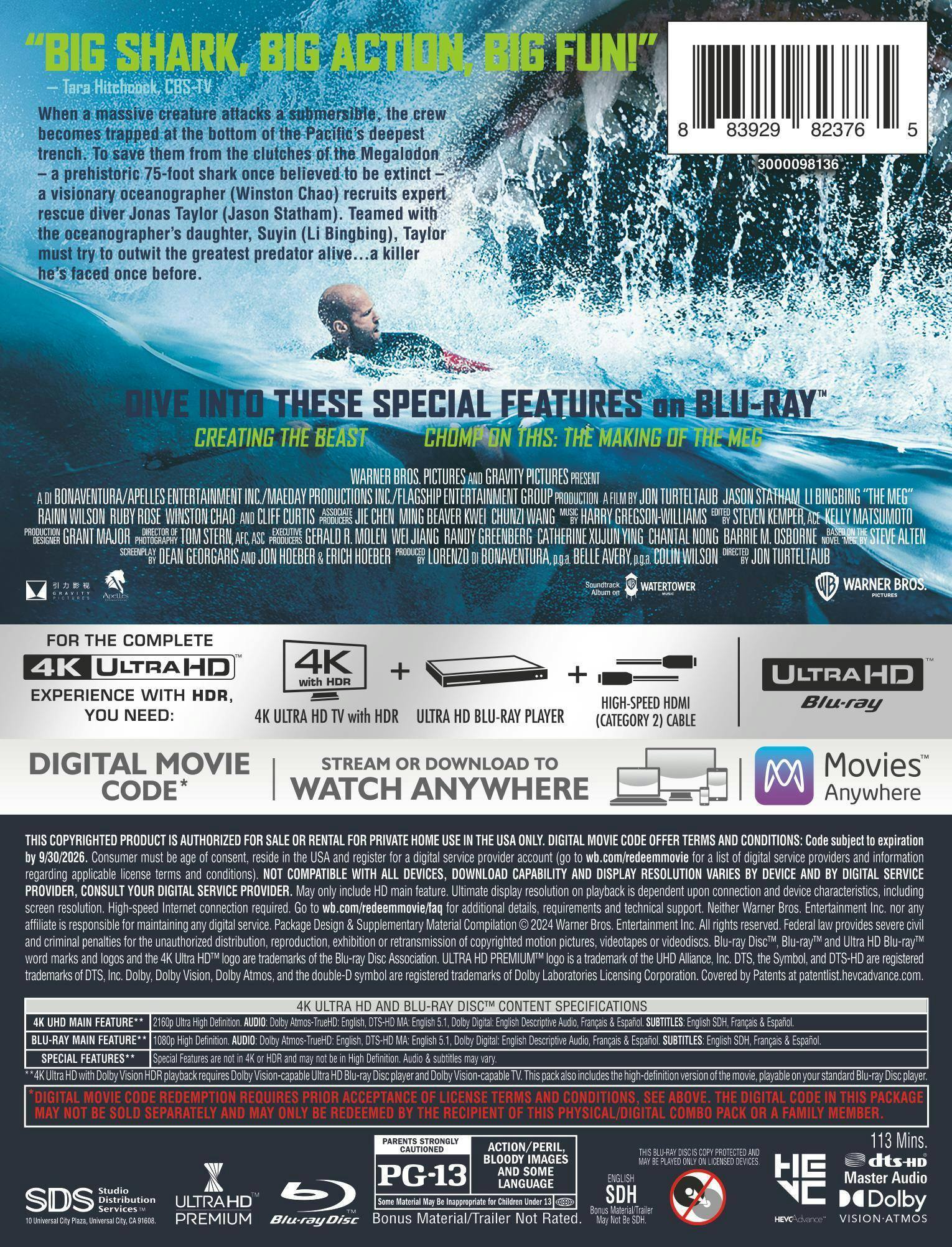 Back. The Meg - Limited Edition Steelbook (4K Ultra HD + Blu-ray + Digital) [UHD].