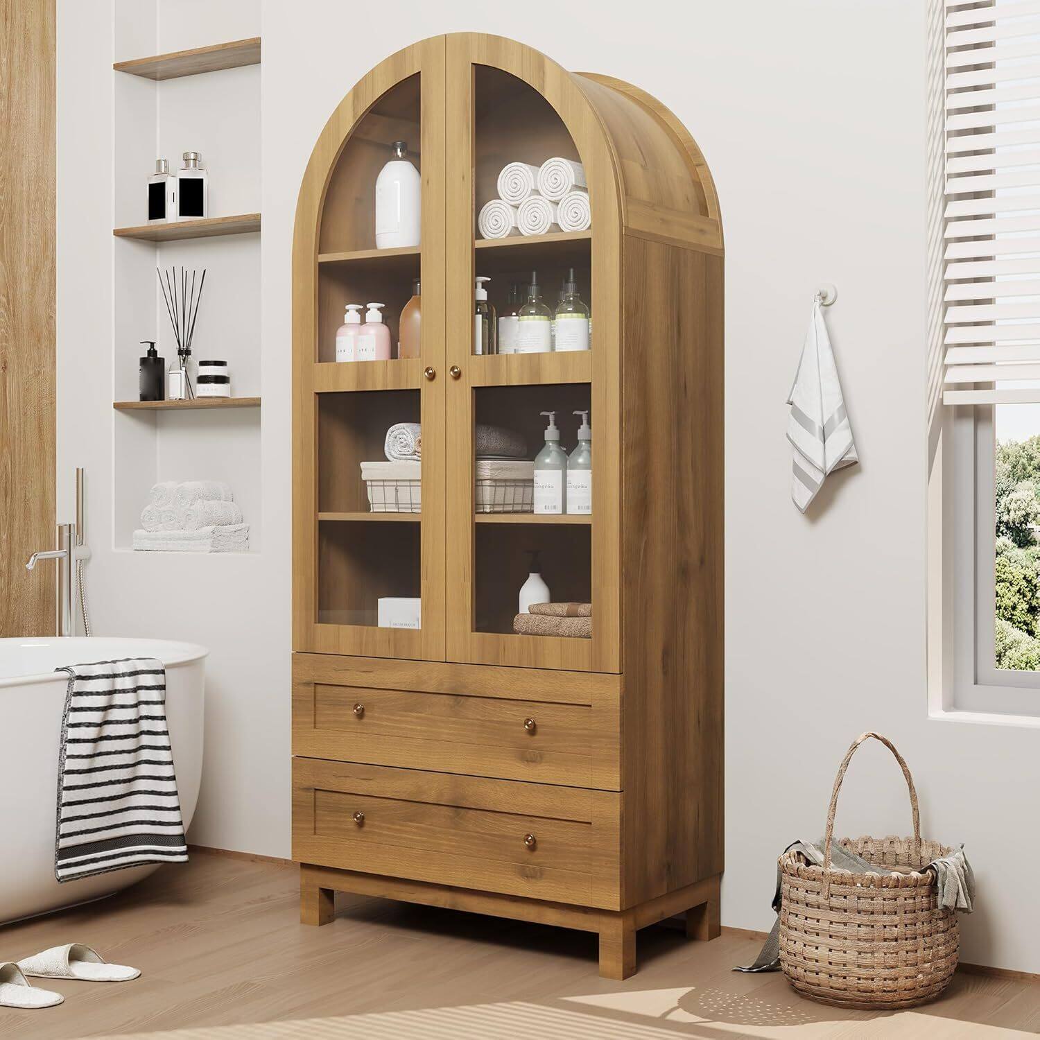 Alt View 2. Babevy - 71" Tall Arched Kitchen Pantry Cabinet - Natural.