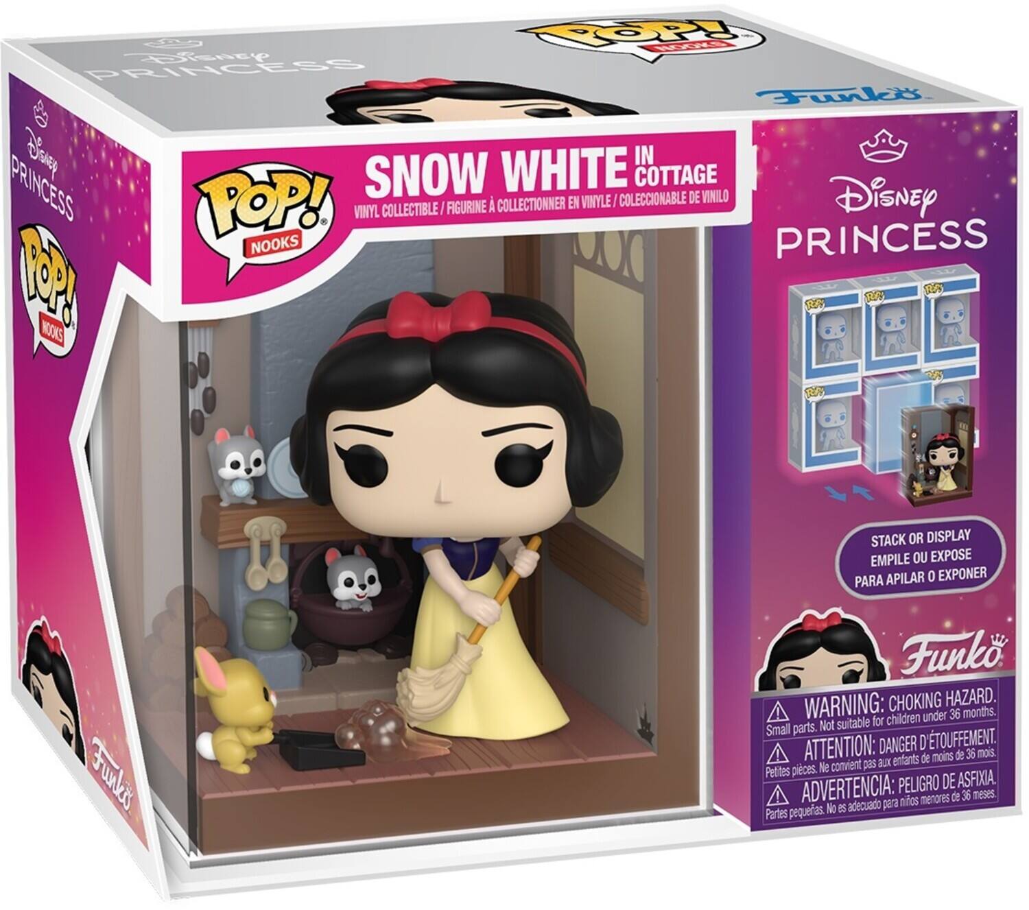 Snow White in Cottage  
Disney Princess  
Pop! Nooks  
Vinyl Collectible / Figurine à Collectionner en Vinyle / Coleccionable de Vinilo  
Stack or Display / Empile ou Expose / Para Apilar o Exponer  

Warning: Choking Hazard. Small parts. Not suitable for children under 36 months.  
Attention: Danger de suffocation. Petites pièces. Ne convient pas aux enfants de moins de 36 mois.  
Advertencia: Peligro de asfixia. Piezas pequeñas. No es adecuado para niños menores de 36 meses.