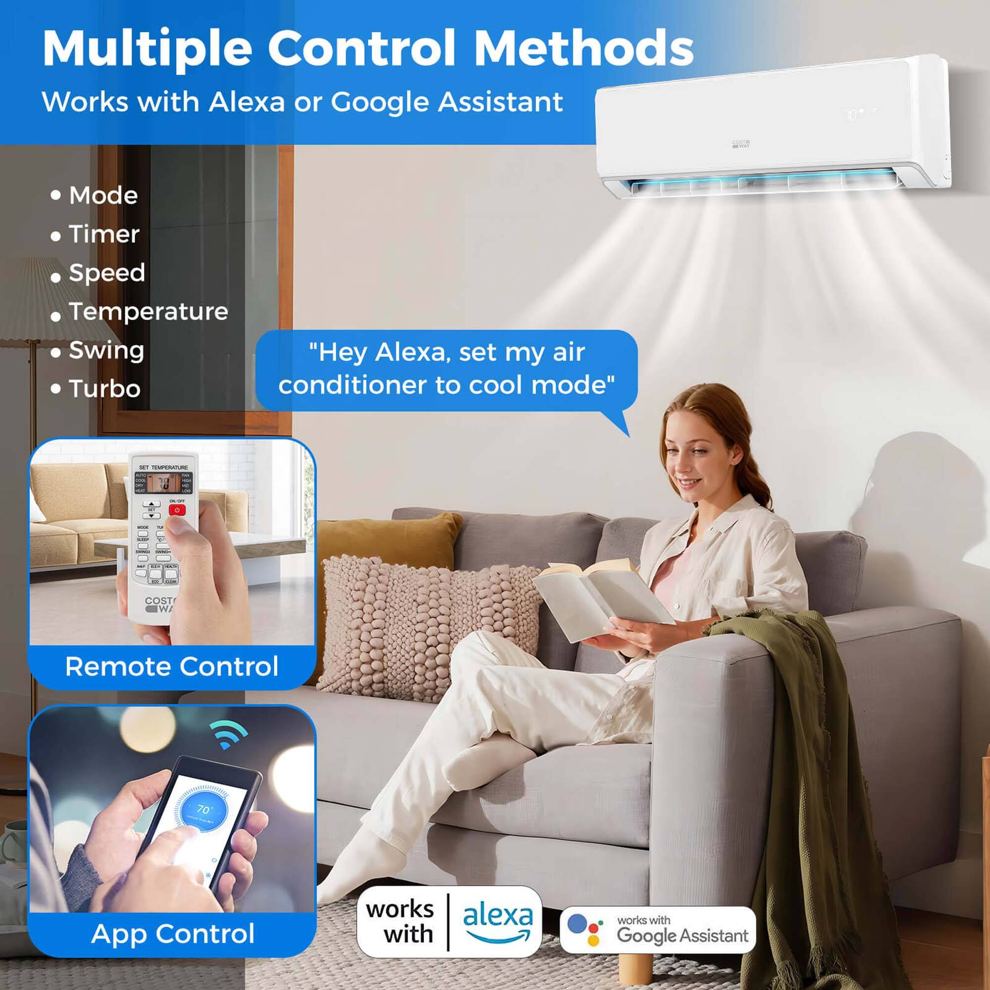 Multiple Control Methods: Works with Alexa or Google Assistant

* Mode: Timer
* Speed: Turbo
* Temperature: Cool
* Swing: "Hey Alexa, set my air conditioner to cool mode"

Remote Control: 70
App Control: Works with Alexa and Google Assistant