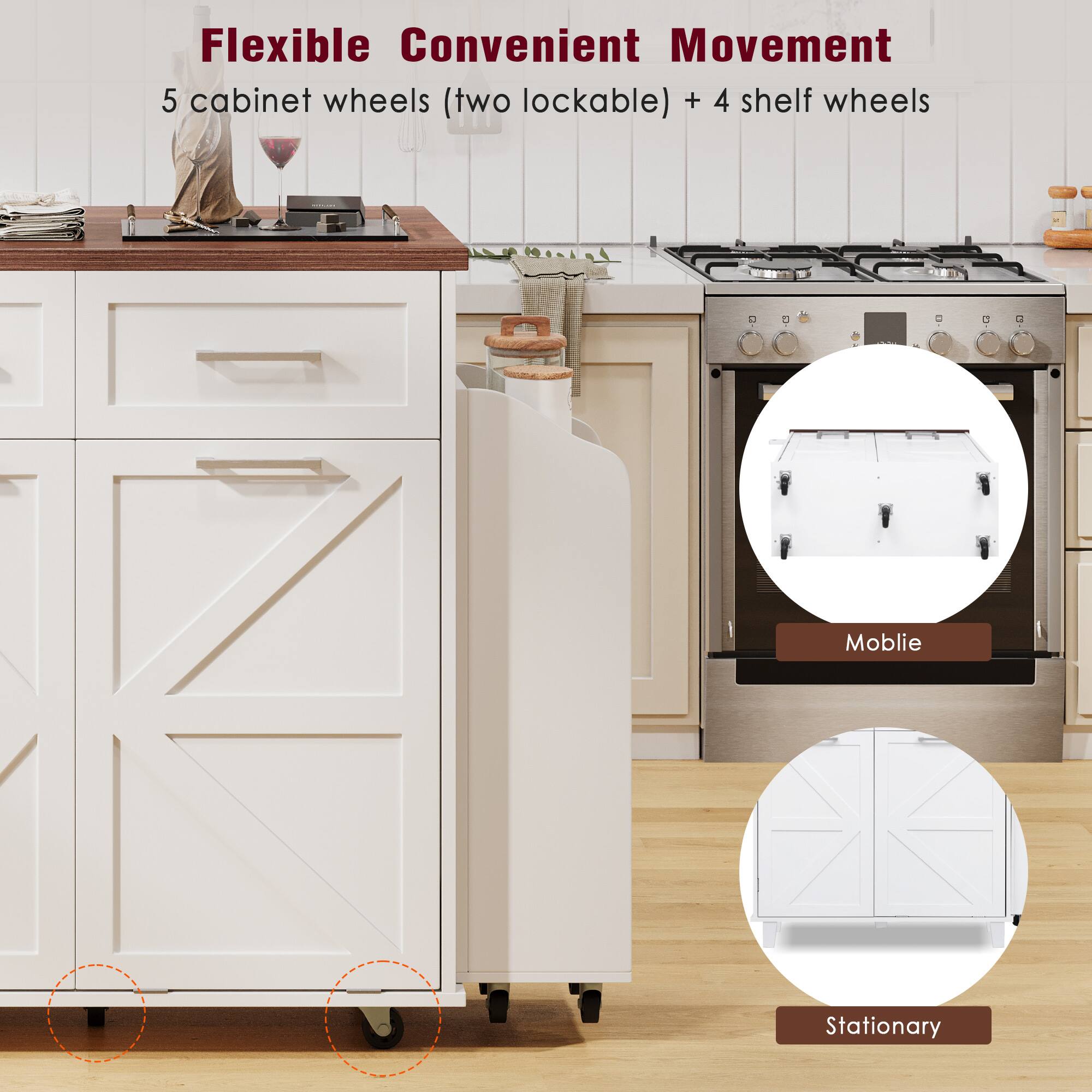 Flexible Convenient Movement  
5 cabinet wheels (two lockable) + 4 shelf wheels  

Mobile  
Stationary