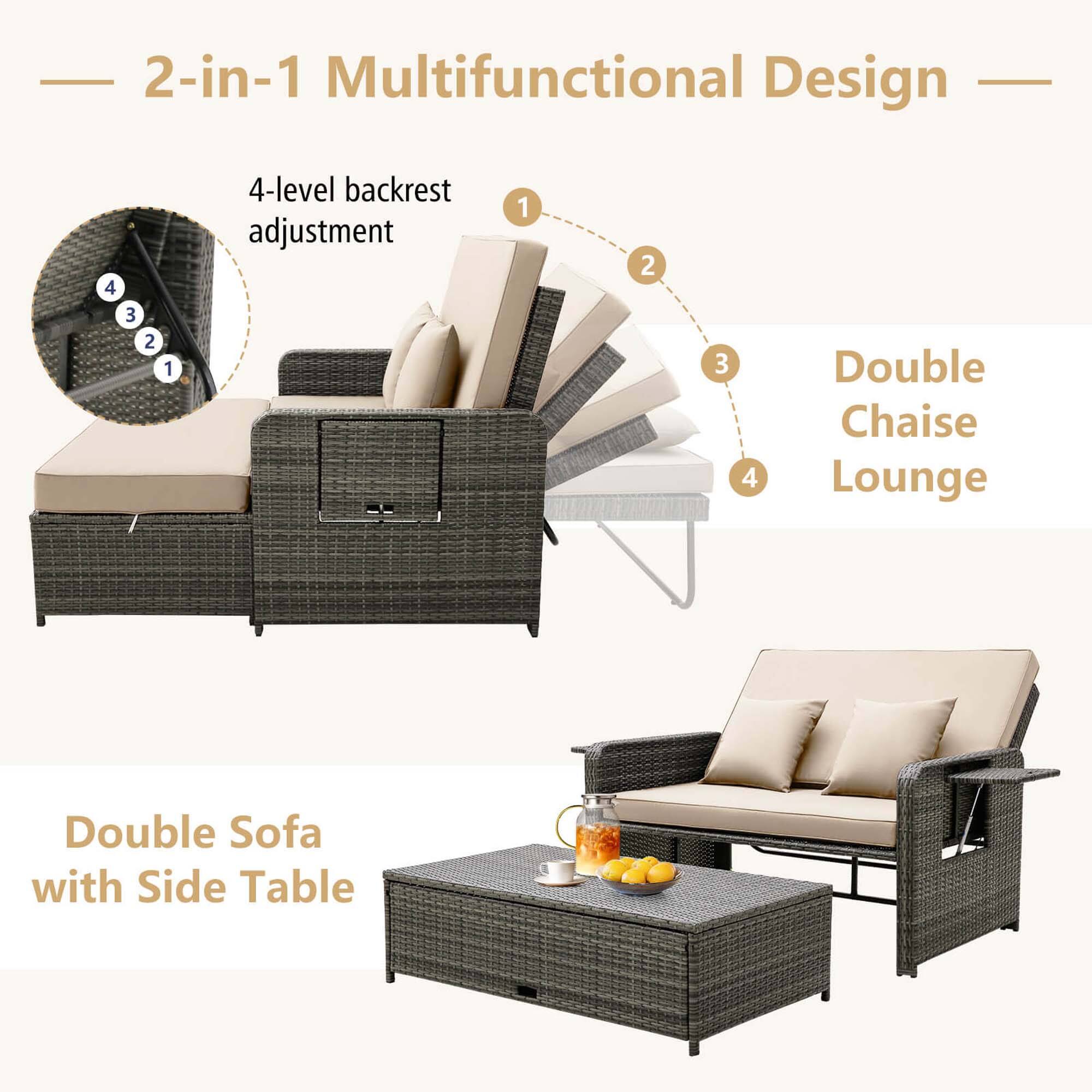2-in-1 Multifunctional Design 4-level backrest adjustment 1 Double Chaise Lounge 2 Double Sofa with Side Table