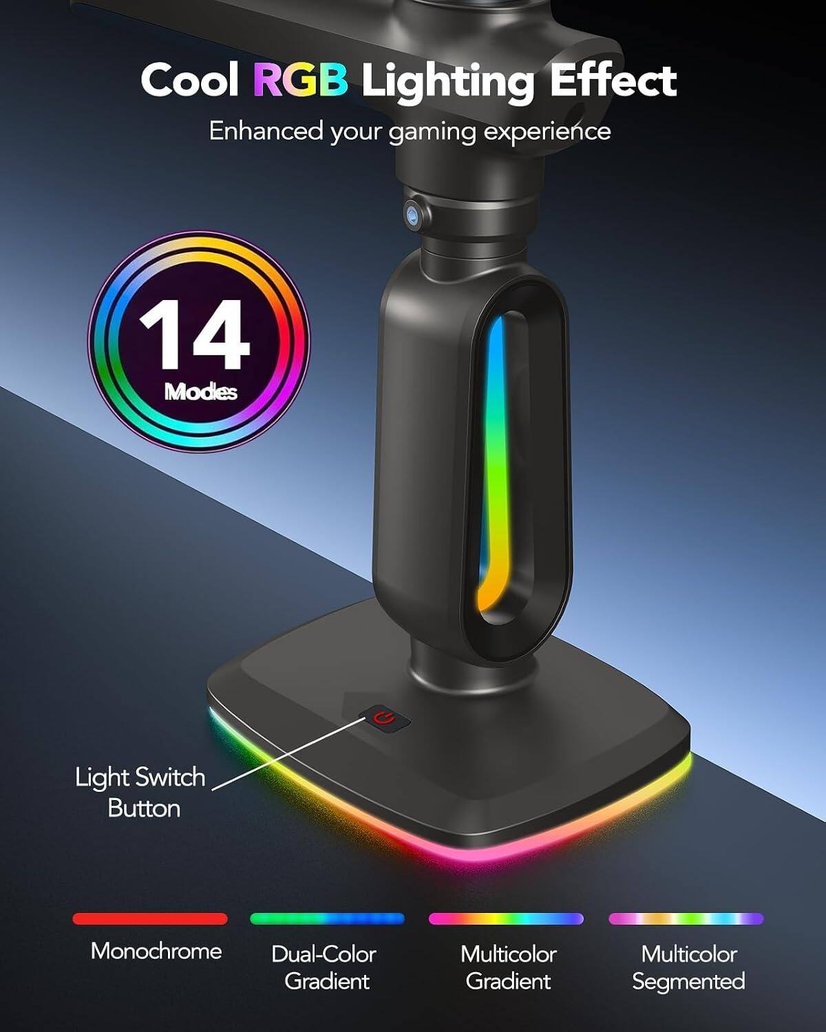 Cool RGB Lighting Effect Enhanced your gaming experience 14 Modes Light Switch Button Monochrome Dual-Color Gradient Multicolor Gradient Multicolor Segmented