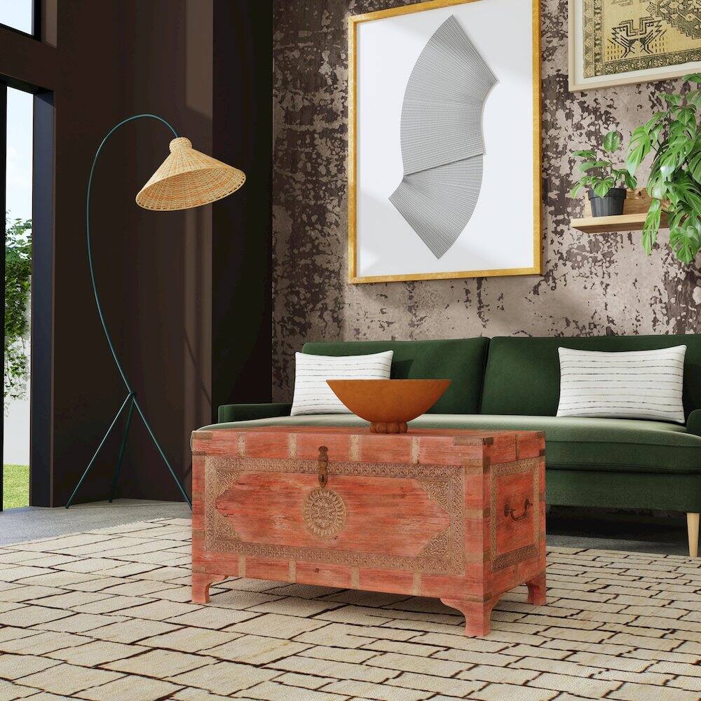 Alt View 5. Butler Specialty - Nador Hand-Painted Brass Inlay Storage Trunk Coffee Table - Pink.