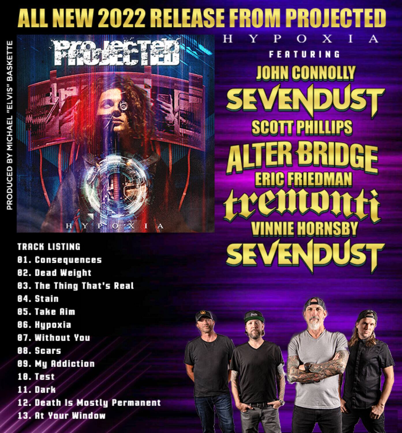 ALL NEW 2022 RELEASE FROM PROJECTED  
HYP OX I A  
FEATURING  
JOHN CONNOLLY  
SEVENDUST  
SCOTT PHILLIPS  
ALTER BRIDGE  
ERIC FRIEDMAN  
trentonti  
VINNIE HORNSBY  
SEVENDUST  

TRACK LISTING  
81. Consequences  
82. Dead Weight  
83. The Thing That's Real  
84. Stain  
85. Take Aim  
86. Hypoxia  
87. Without You  
88. Scars  
89. My Addiction  
10. Test  
11. Dark  
12. Death Is Mostly Permanent  
13. At Your Window  

PRODUCED BY MICHAEL SCOTT PHILLIPS BY ALTER BRIDGE ERIC FRIEDMAN PRODUCED BY TRENTONI