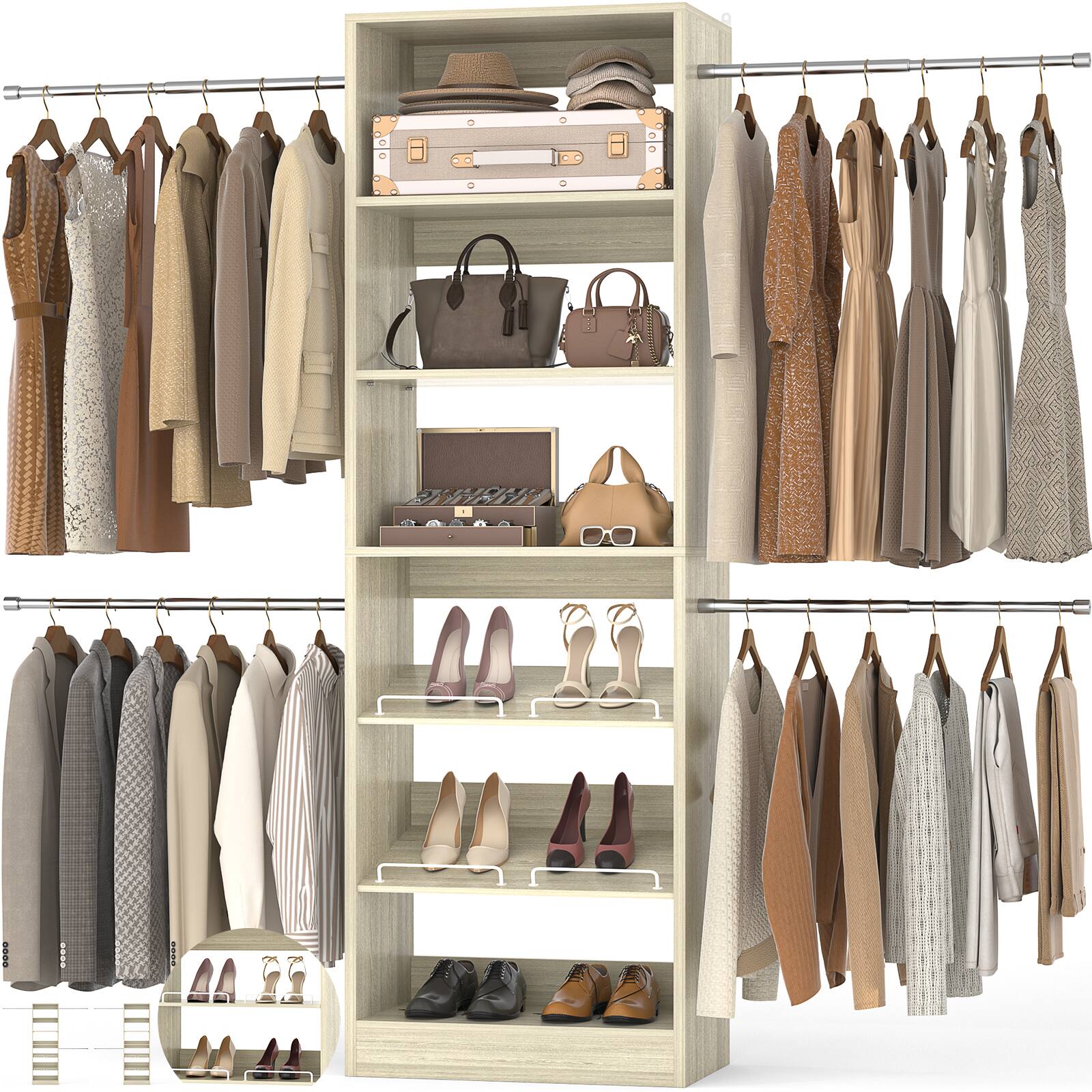 Angle. Aheaplus - 4-8 ft Closet System, Walk-in Closet Organizer with 4 Hanging Rods, Shelves, and Adjustable Shoe Racks - Beige Oak.