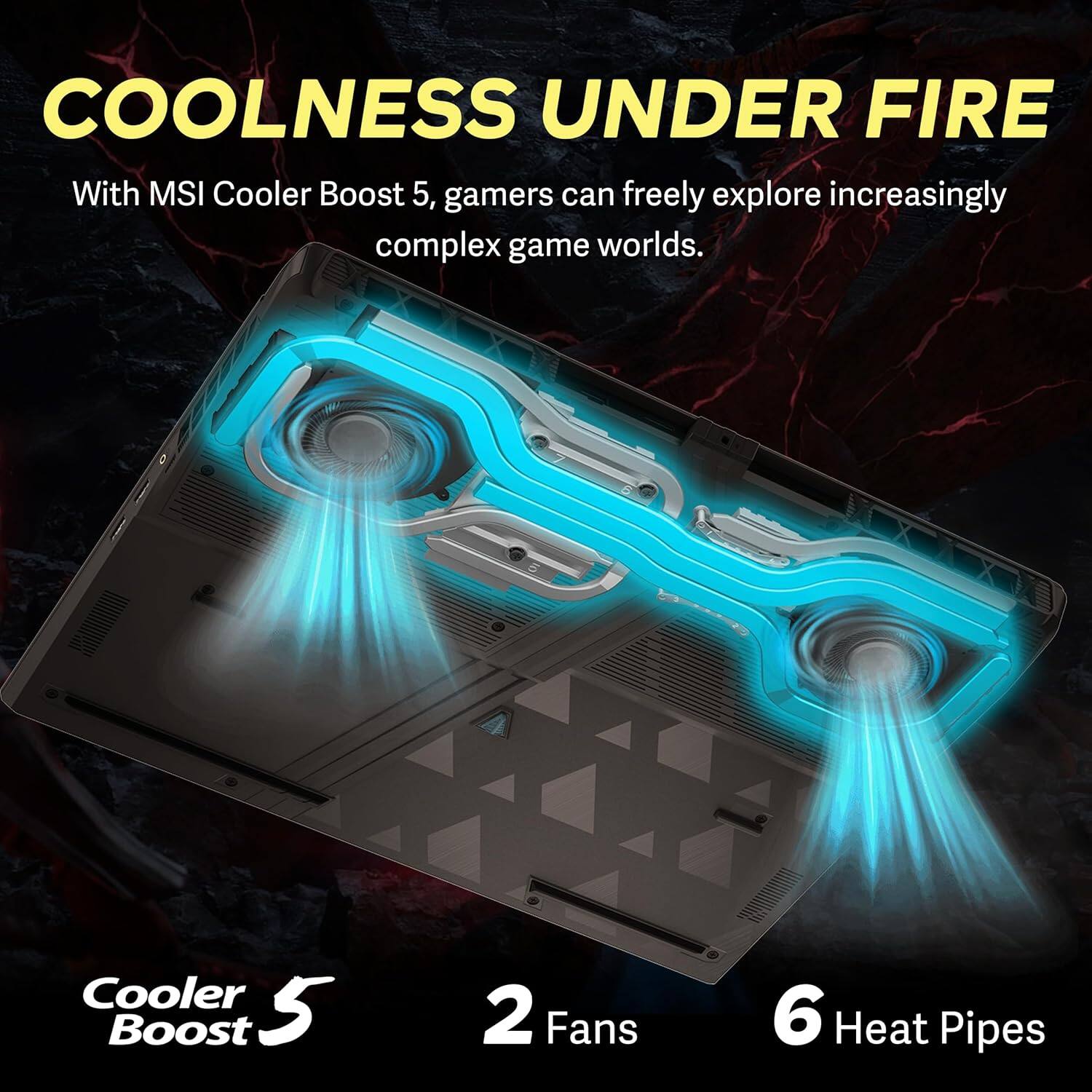 COOLNESS UNDER FIRE

With MSI Cooler Boost 5, gamers can freely explore increasingly complex game worlds.

Cooler Boost 5  
2 Fans  
6 Heat Pipes