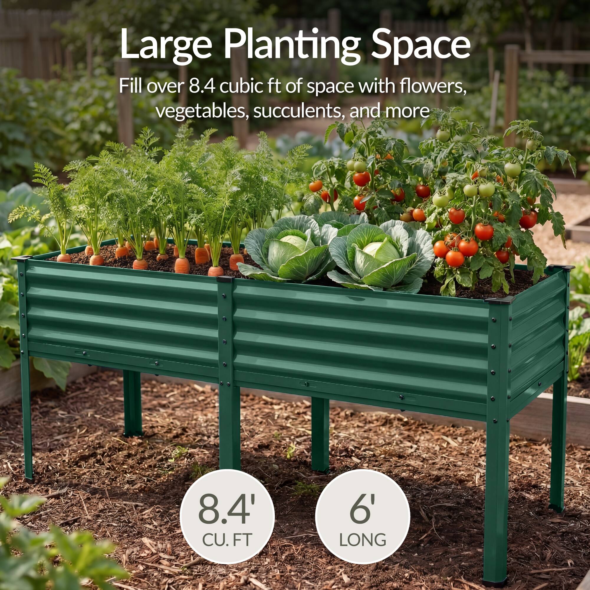 Large Planting Space  
Fill over 8.4 cubic ft of space with flowers, vegetables, succulents, and more  

8.4' CU. FT  
6' LONG