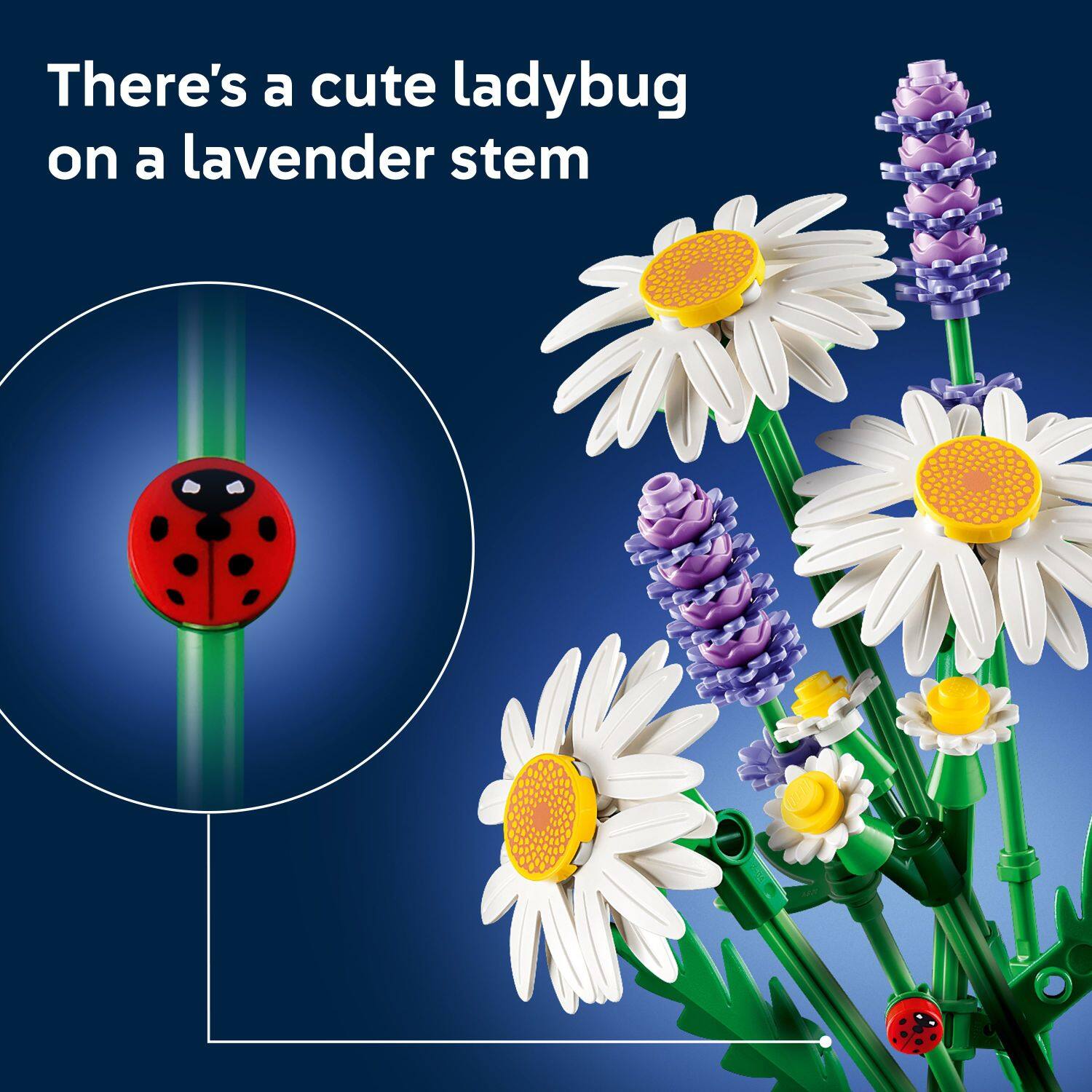 There's a cute ladybug on a lavender stem