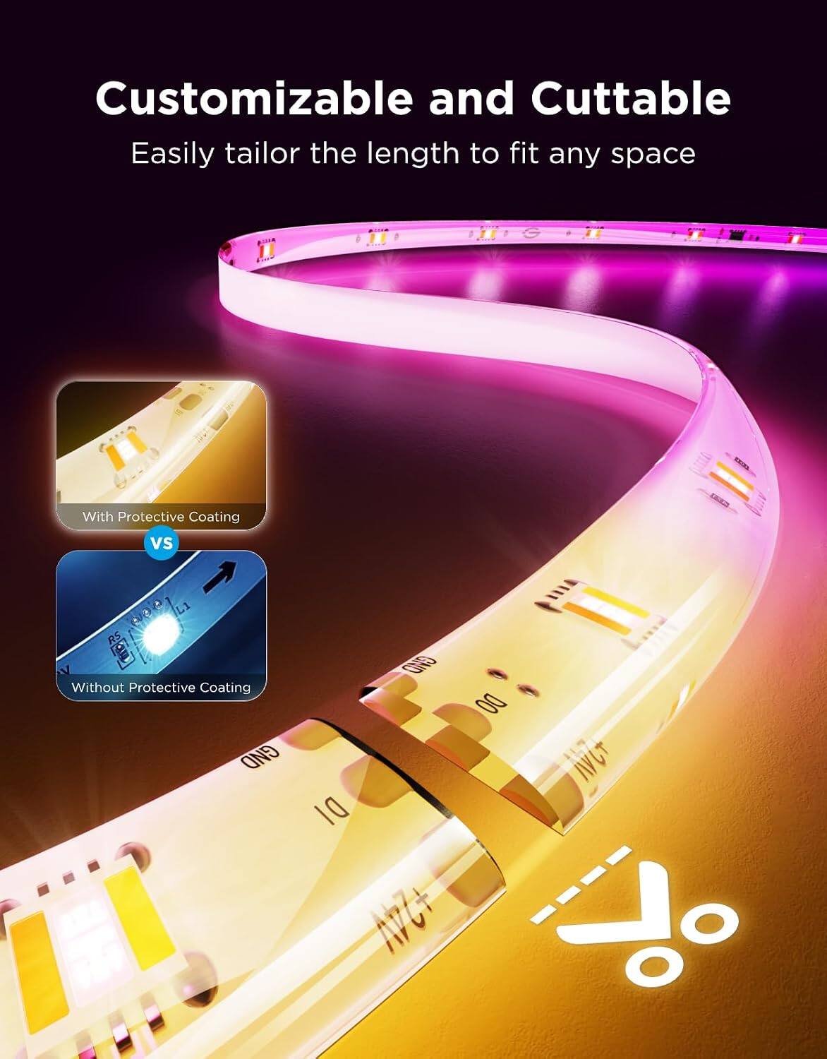 Customizable and Cuttable  
Easily tailor the length to fit any space  

With Protective Coating  
VS  
Without Protective Coating  

- = GND  
DO  
DI  
+24V