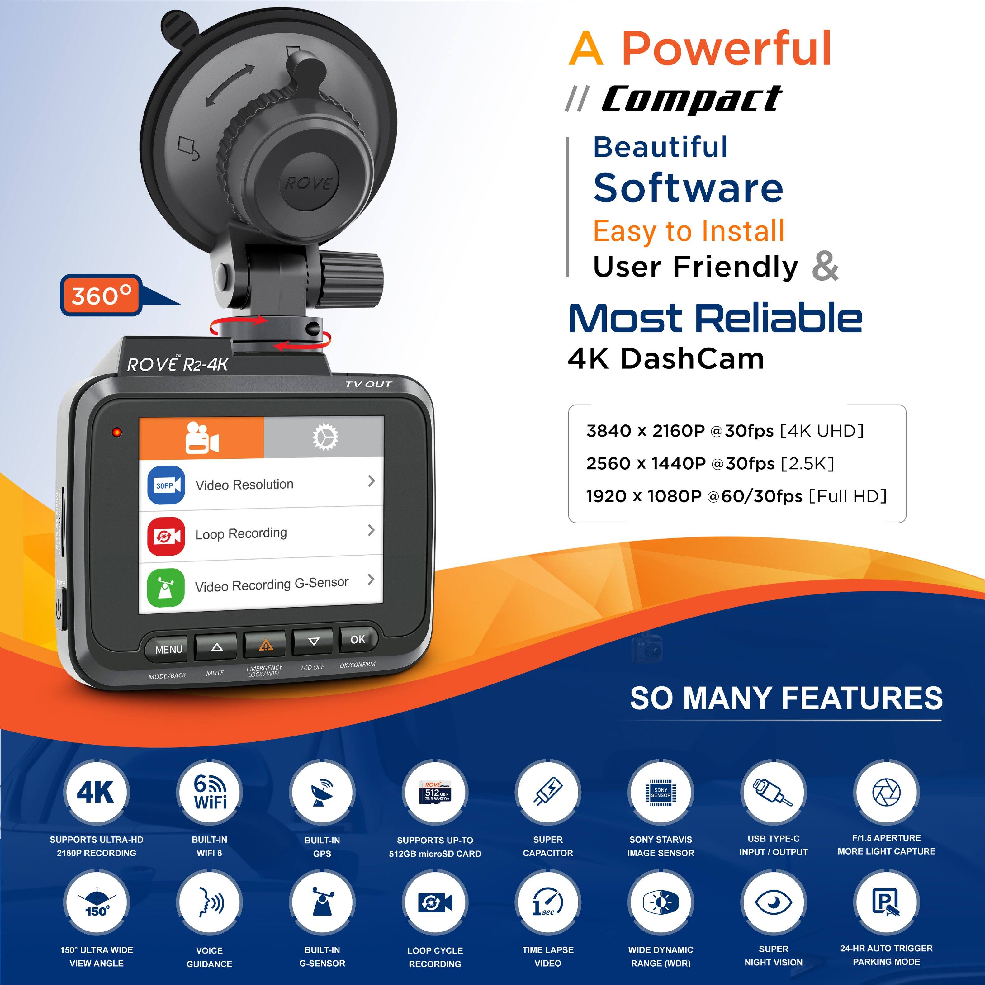 A Powerful // Compact Beautiful Software Easy to Install User Friendly & Most Reliable 4K DashCam

3840 x 2160P @ 30fps [4K UHD]  
2560 x 1440P @ 30fps [2.5K]  
1920 x 1080P @ 60/30fps [Full HD]

SO MANY FEATURES

- 4K SUPPORTS ULTRA-HD 2160P RECORDING
- 6m WiFi
- BUILT-IN GPS
- SUPPORTS UP-TO 128GB microSD CARD
- 150° ULTRA WIDE VIEW ANGLE
- VOICE GUIDANCE
- BUILT-IN G-SENSOR
- LOOP CYCLE RECORDING
- SUPER CAPACITOR
- SONY STARVIS IMAGE SENSOR
- USB TYPE-C INPUT/OUTPUT
- F1.6 APERTURE MORE LIGHT CAPTURE
- TIME LAPSE VIDEO
- WIDE DYNAMIC RANGE (WDR)
- SUPER NIGHT VISION
- 24-HR AUTO TRIGGER PARKING MODE