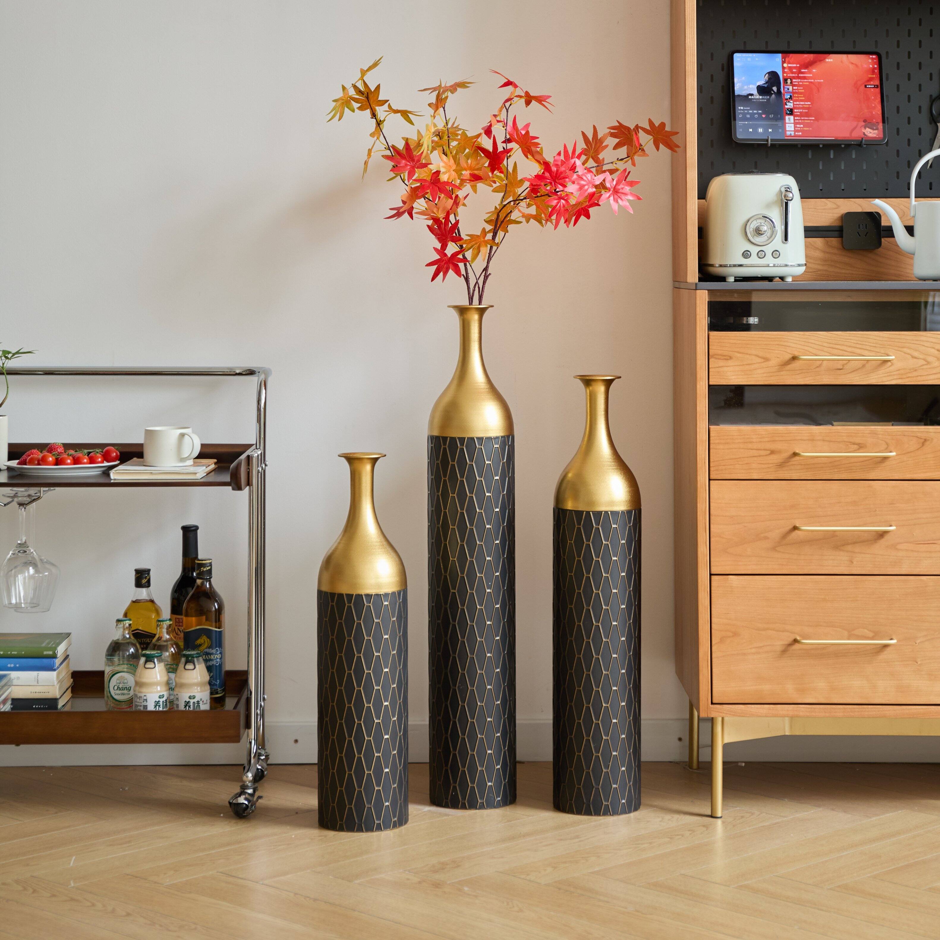 Angle. Anysun - Black and Gold Metal Vase Set of 3 - Elegant Floor Vases for Floral Display, Wedding and Mother's Day Gift - Black.