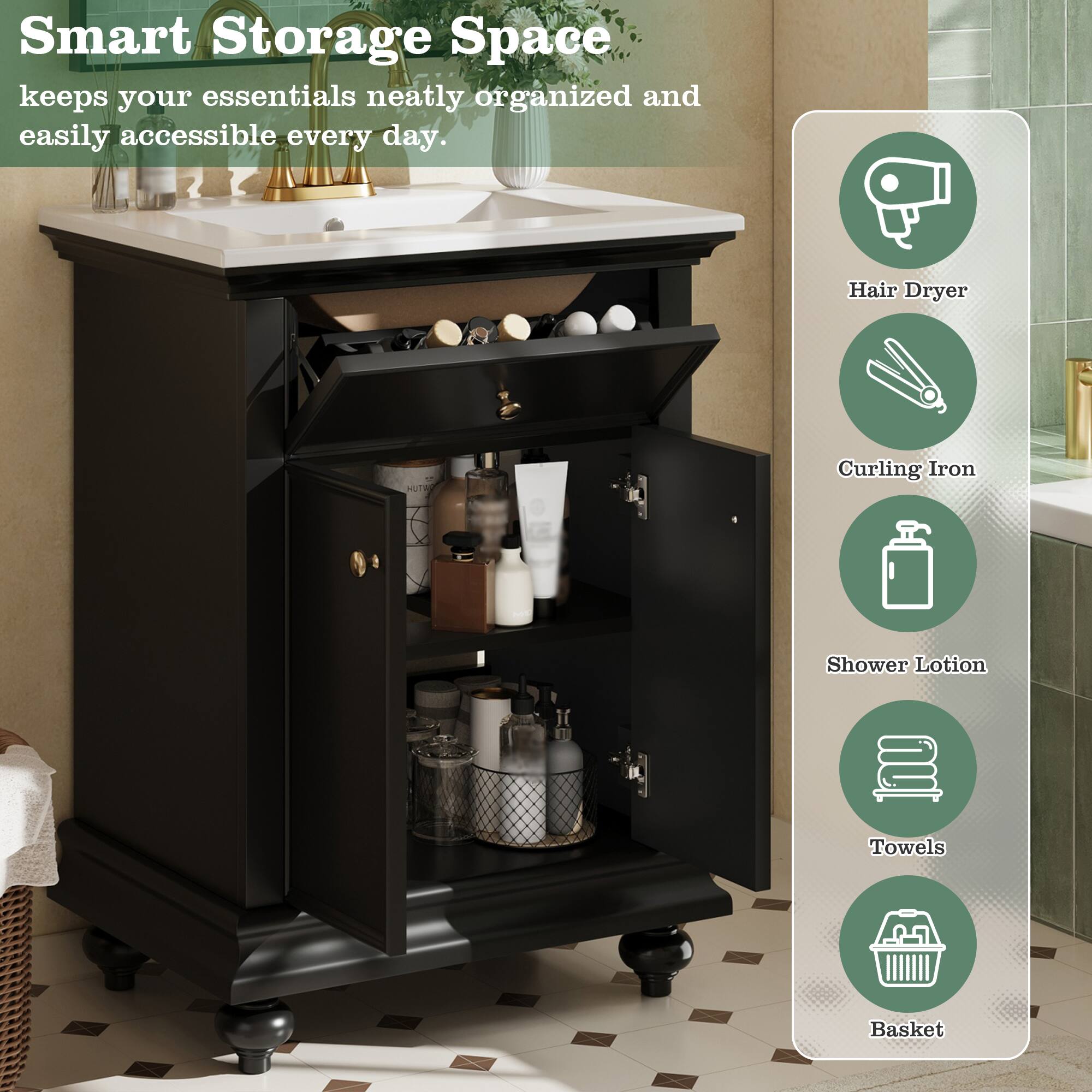 Smart Storage Space keeps your essentials neatly organized and easily accessible every day. Hair Dryer Curling Iron Shower Lotion Towels Basket