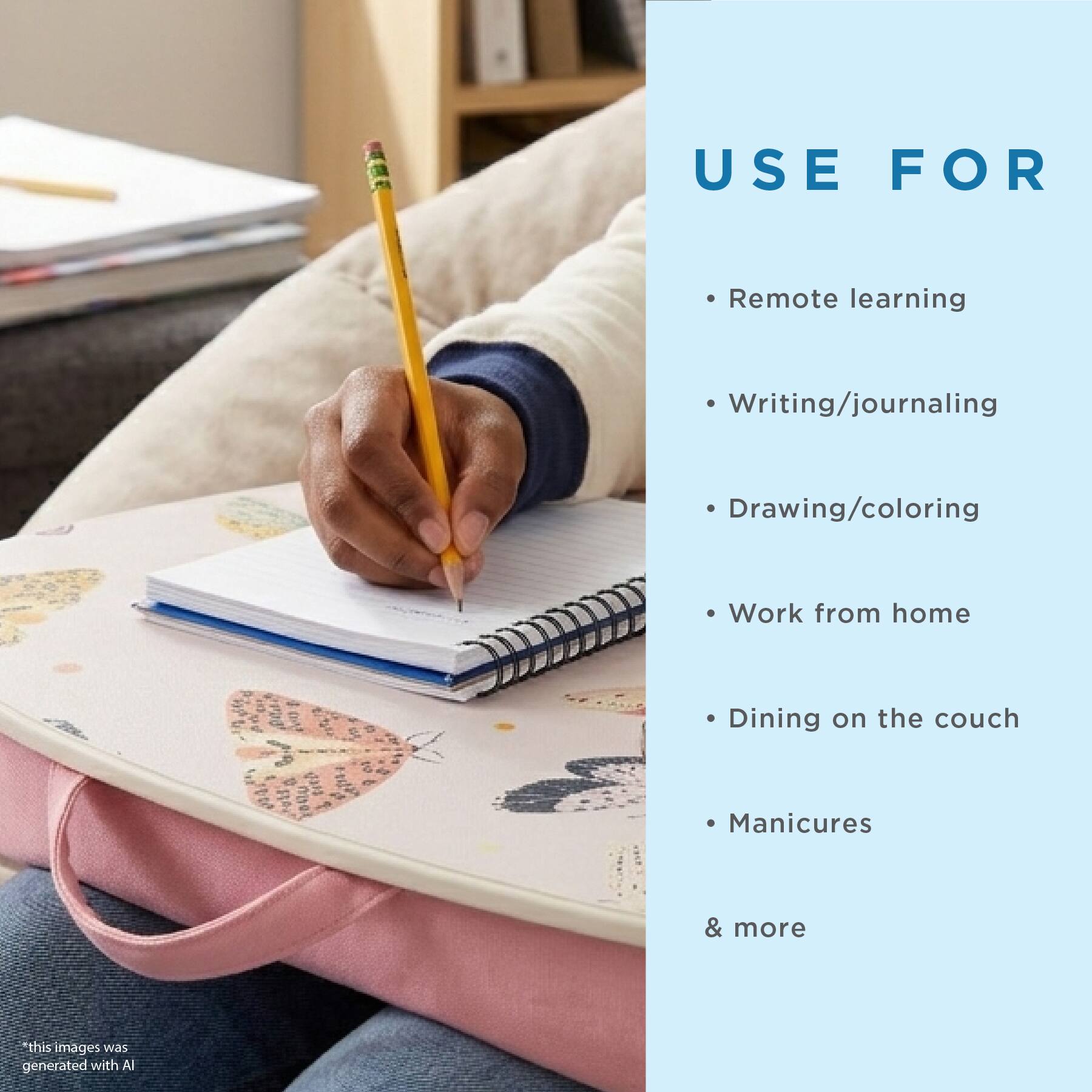 USE FOR

- Remote learning
- Writing/journaling
- Drawing/coloring
- Work from home
- Dining on the couch
- Manicures
- & more

*This image was generated with AI