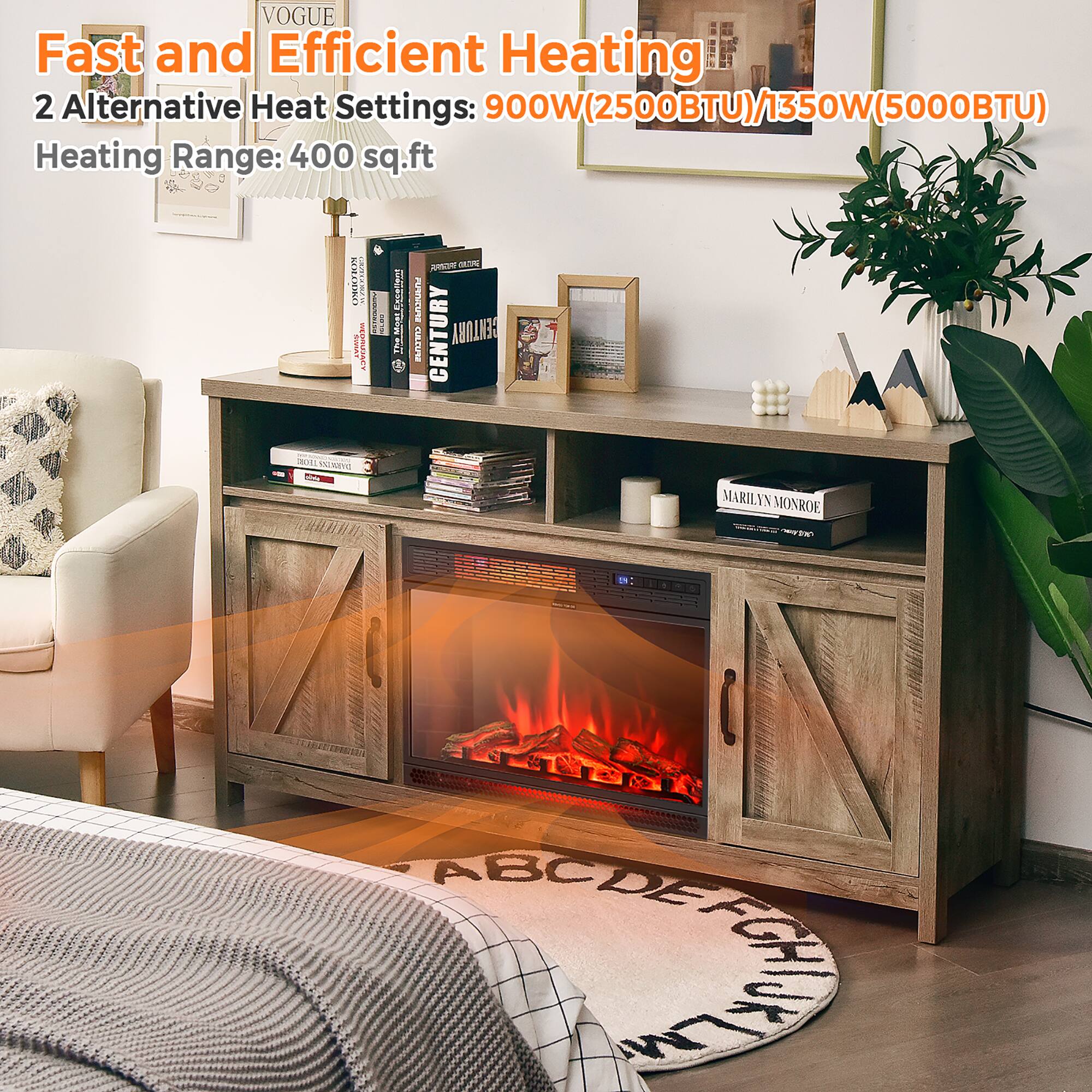 Fast and Efficient Heating  
2 Alternative Heat Settings: 900W (2500BTU) / 1350W (5000BTU)  
Heating Range: 400 sq.ft