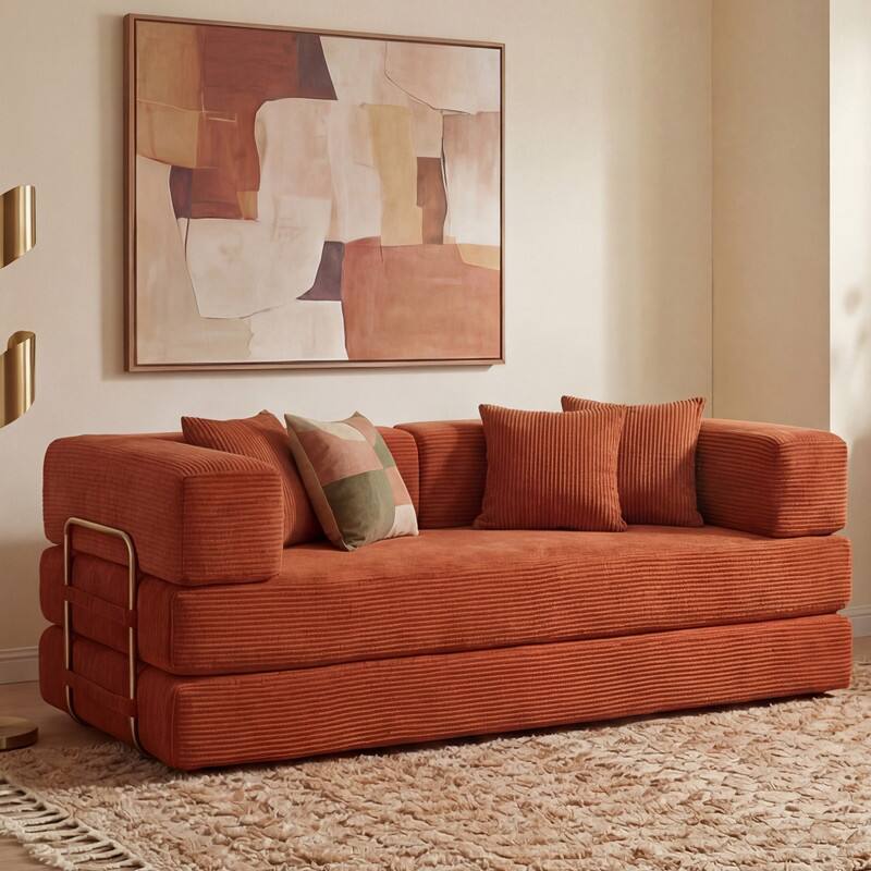 Alt View 5. Dyonery - 65"Folding Sofa Bed Convertable Corduroy Couch  Floor Sleeper 4-in-1 DIY Combination Modular Sofa Fold Out Comfy sofa. - Orange.