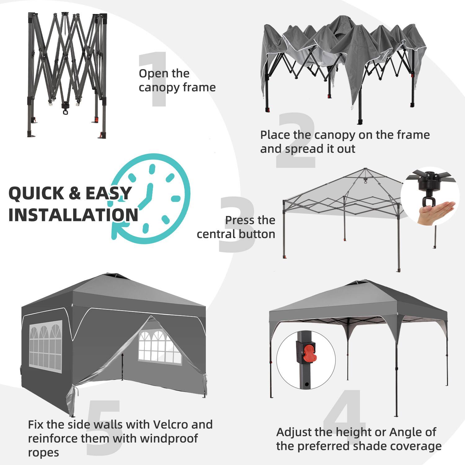 1. Open the canopy frame
2. Place the canopy on the frame and spread it out
3. Press the central button
4. Adjust the height or angle of the preferred shade coverage
5. Fix the side walls with Velcro and reinforce them with windproof ropes