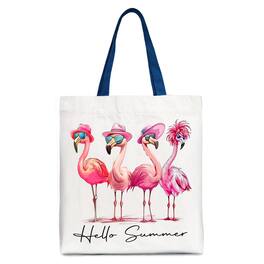 OrnamentallyYou - Flamingo Hello Summer Canvas Tote Bag, Retro Gift Shopper with Tropical Birds - White Navy
