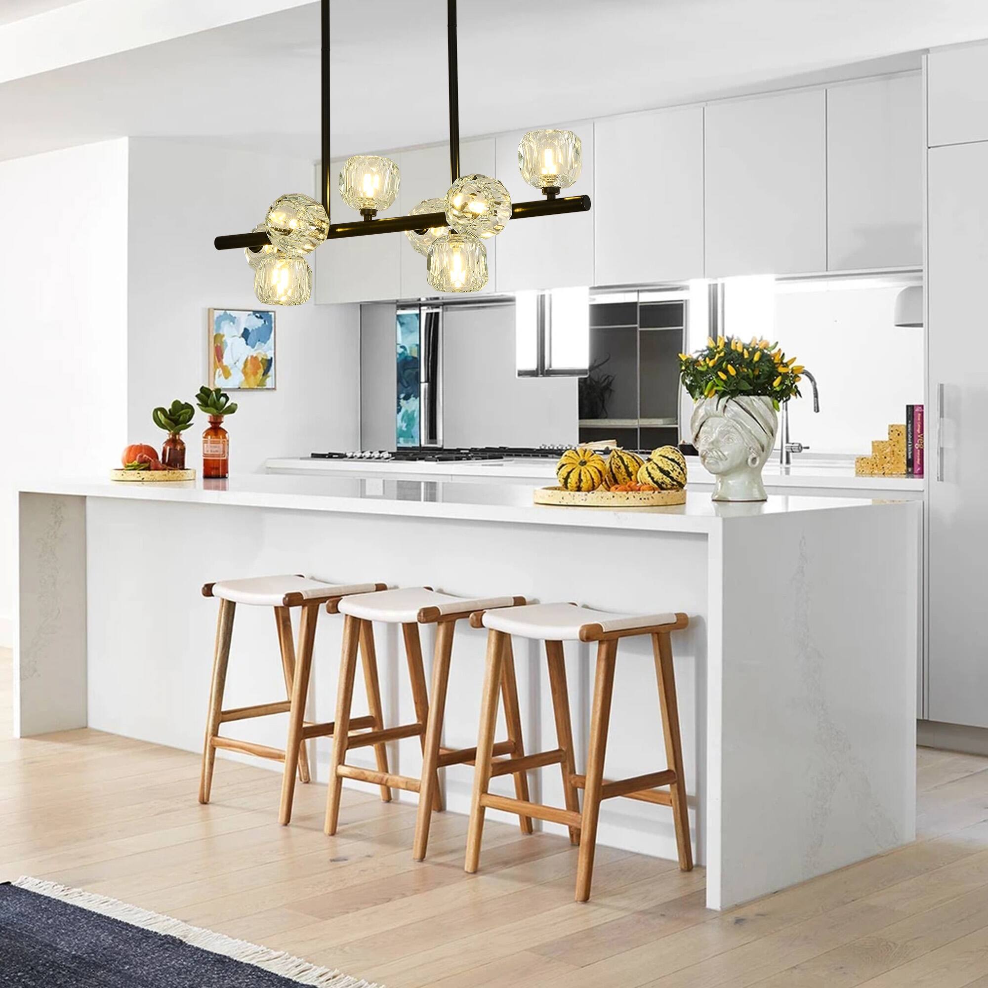 Alt View 1. RYHNUYNE - 8 Lights Black Kitchen Island Light Fixture,Linear Chandelier with Glass Lampshade,Large Rectangular Chandeliers - Black.